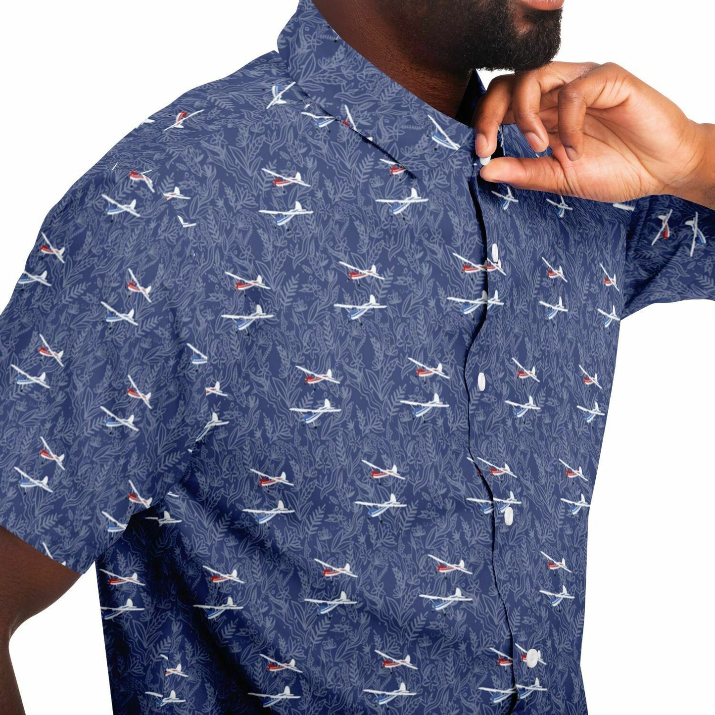 Cessna 170 Printed Short Sleeve Button Down Shirt - navy botanical pattern - poplin