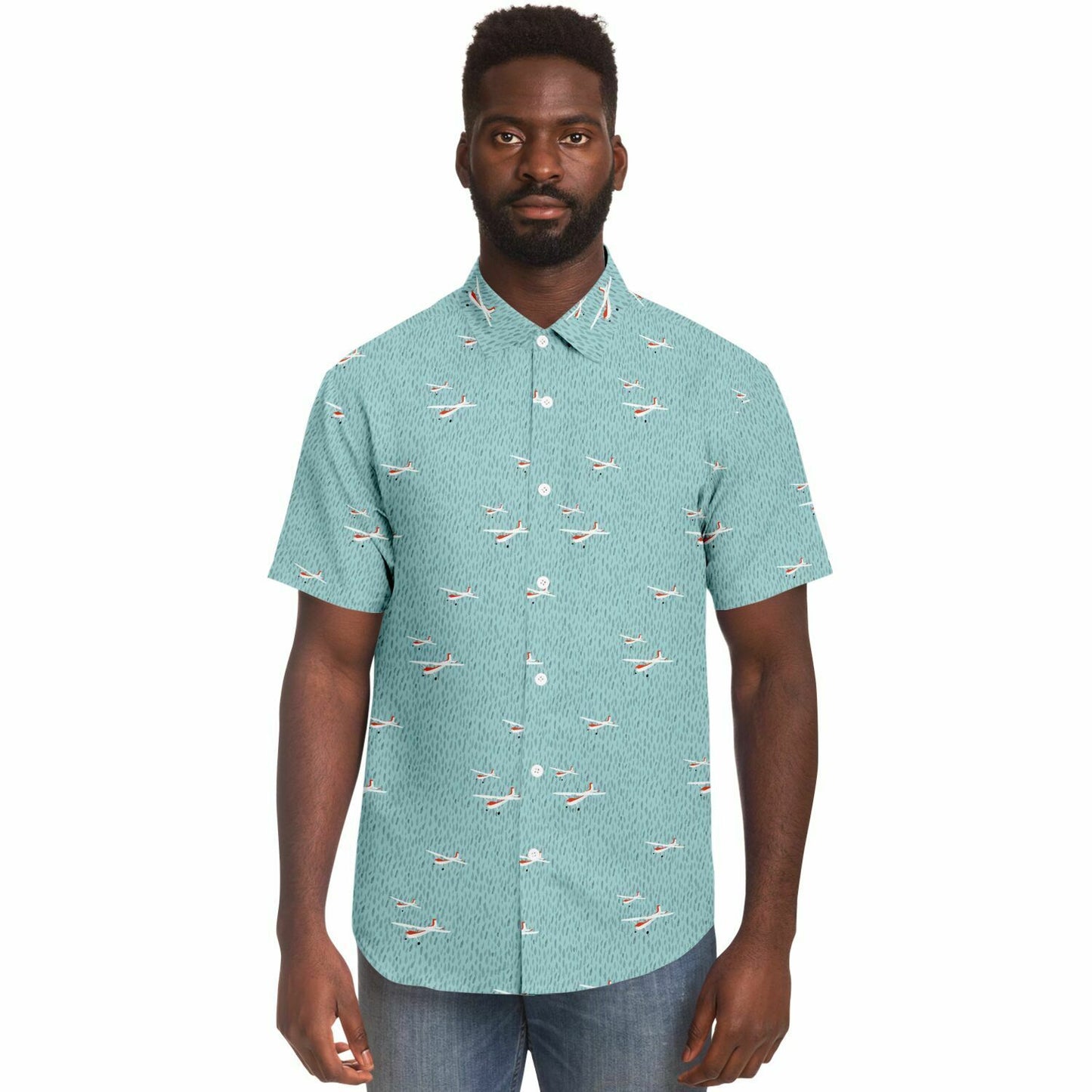 CESSNA 180 Skywagon Printed Short Sleeve Button Down Shirt - Light Turquoise - Poplin