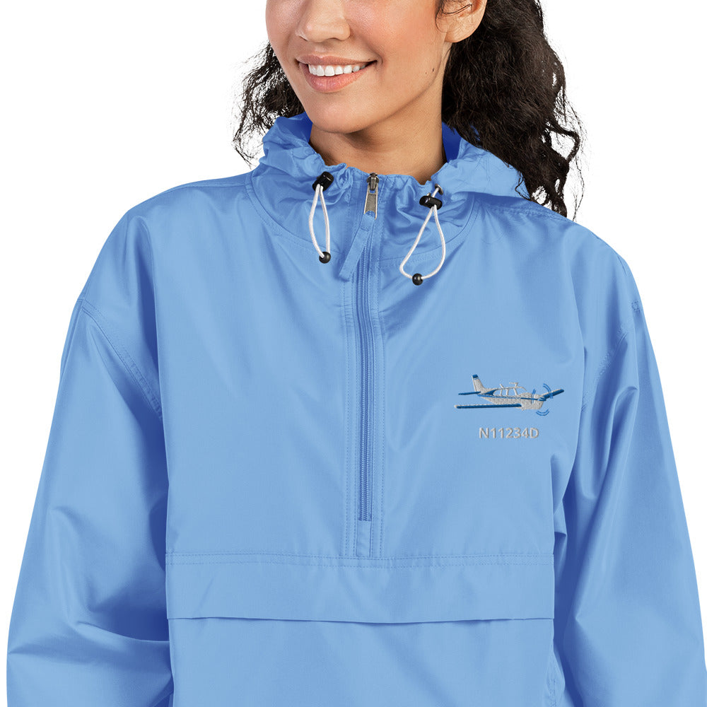 BONANZA F33 Blue - white plane CUSTOM N NUMBER  Aviation Rain weather proof Embroidered Champion Packable Zip Jacket