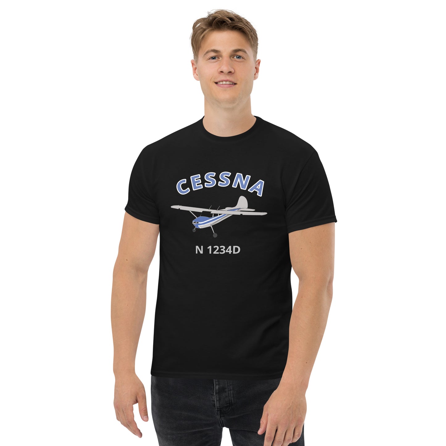CESSNA 170 polished fuselage with blue trim CUSTOM N Number  classic cotton aviation tee