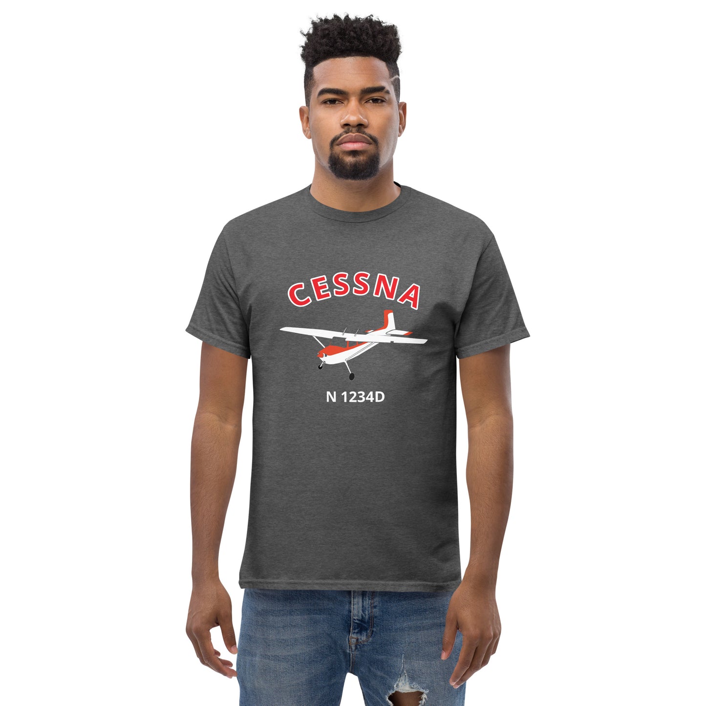 CESSNA 180  White with red trim CUSTOM N Number classic fit cotton aviation tee