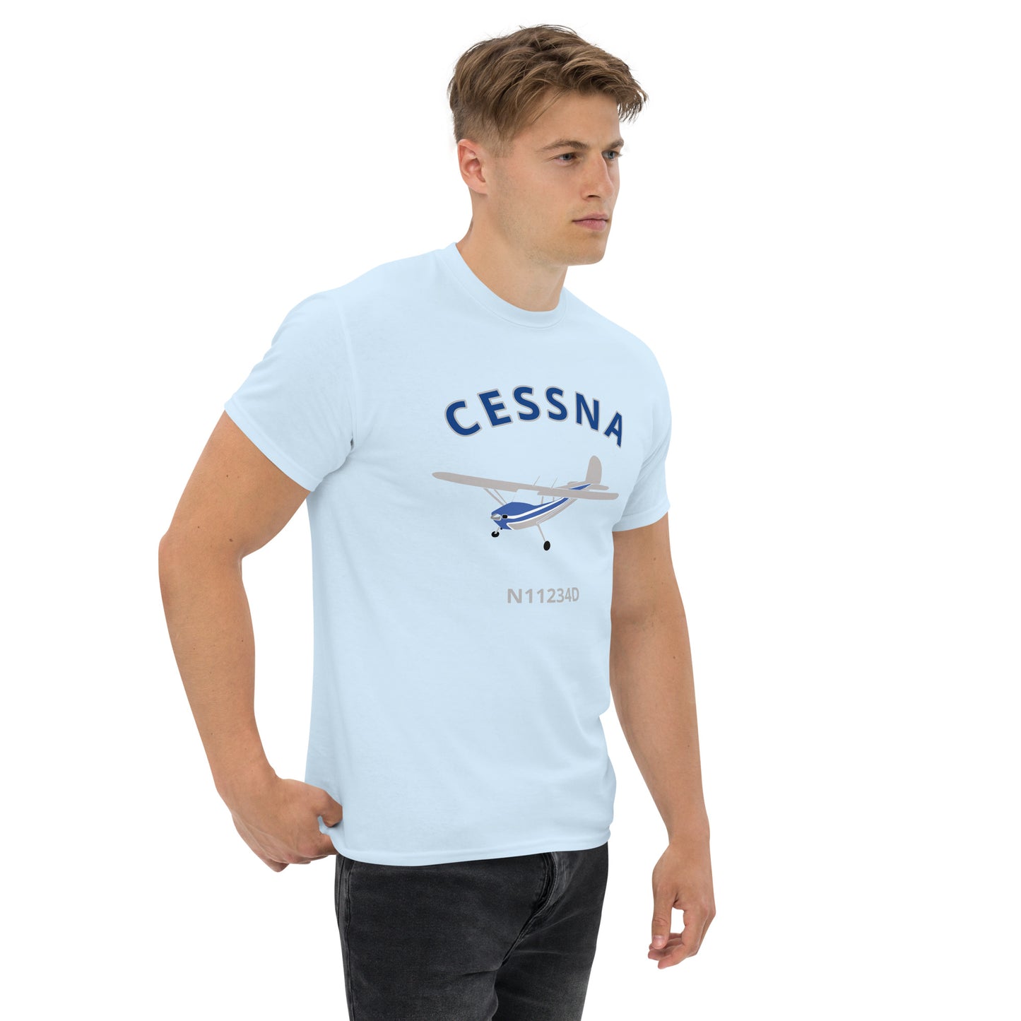 CESSNA 140 polished grey - blue aircraft CUSTOM N Number Classic fit Men's aviation tee