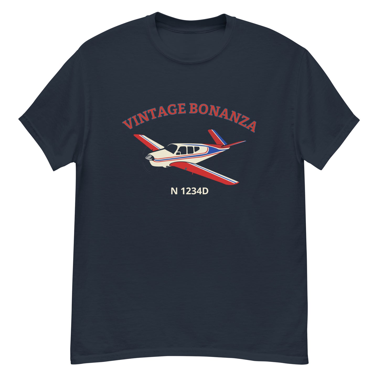 V-TAIL BONANZA Vintage tri color 2 stripe CUSTOM N Number Printed Short-Sleeve Classic Fit Aviation T-Shirt