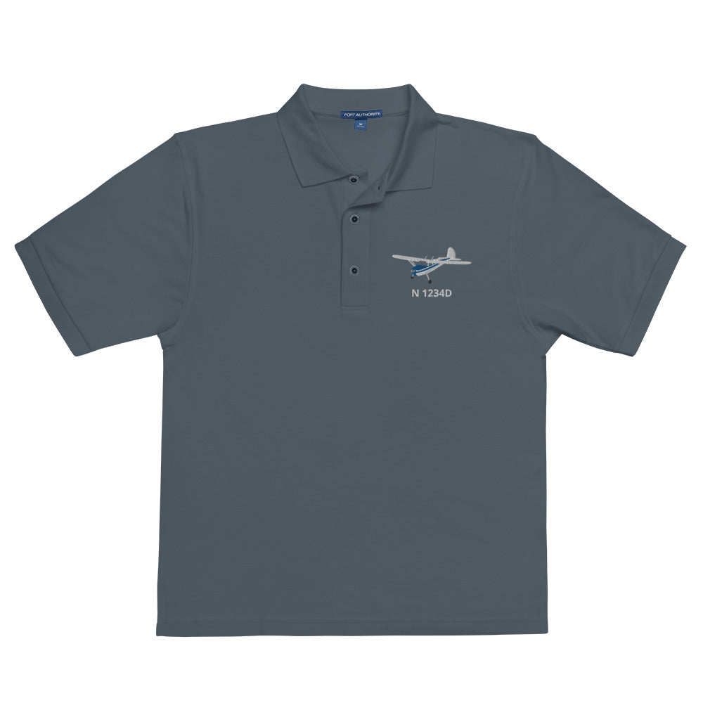 CESSNA 140 White-Blue CUSTOM N Number Embroidered Men's Premium Aviation Polo