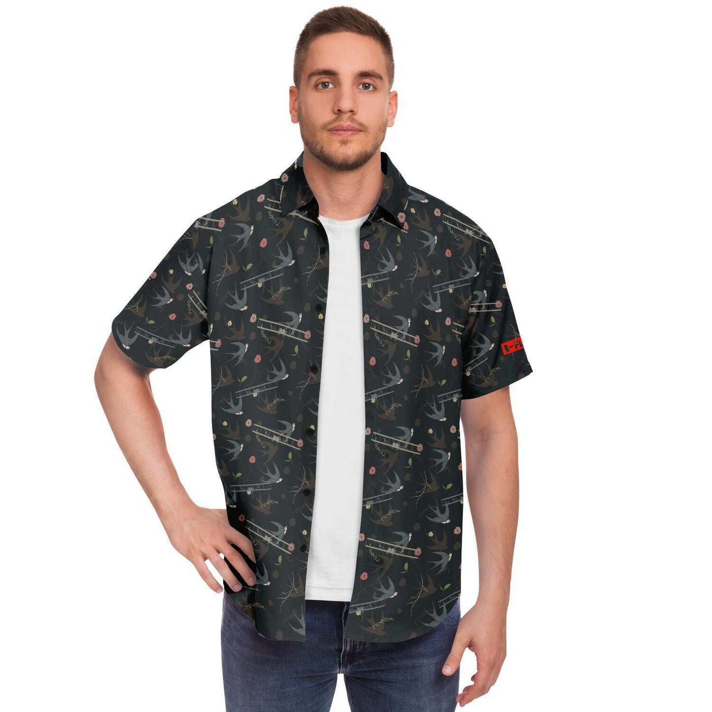 Vintage Aviation First Flight and Sparrow background all over print poplin feel- Short-sleeve button-down shirt