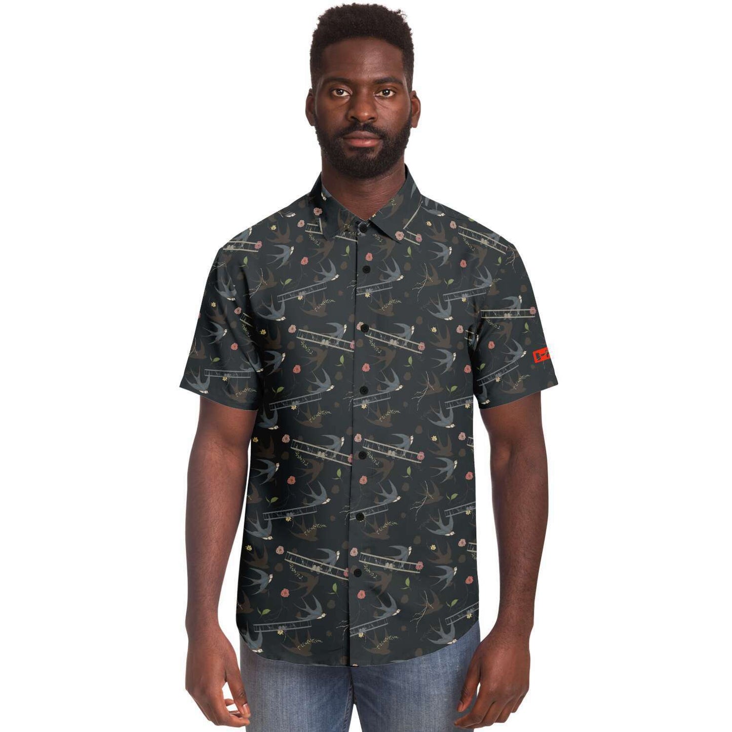 Vintage Aviation First Flight and Sparrow background all over print poplin feel- Short-sleeve button-down shirt