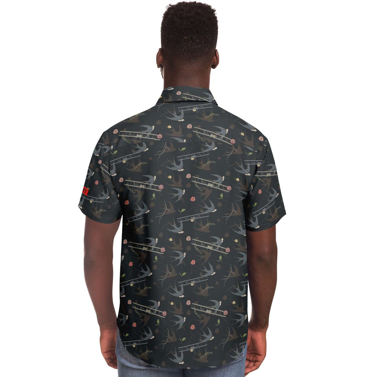 Vintage Aviation First Flight and Sparrow background all over print poplin feel- Short-sleeve button-down shirt