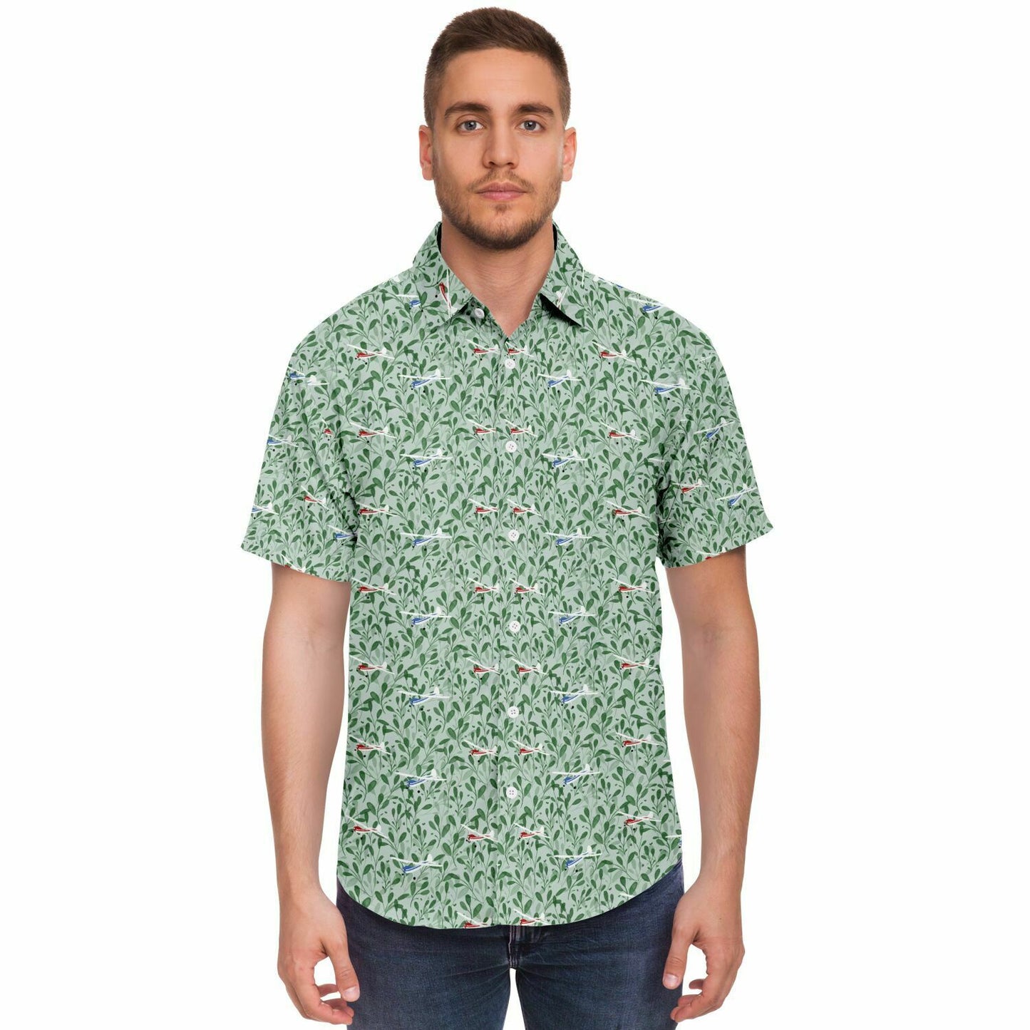 CESSNA 170 Printed Short Sleeve Button Down Shirt - Green leaf - poplin