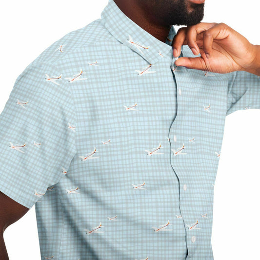 BONANZA A36 Printed Short Sleeve Button Down Shirt - light blue plaid - poplin