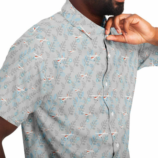 CESSNA 180 Skywagon Printed Short Sleeve Button Down Shirt - Botanical Light grey - poplin