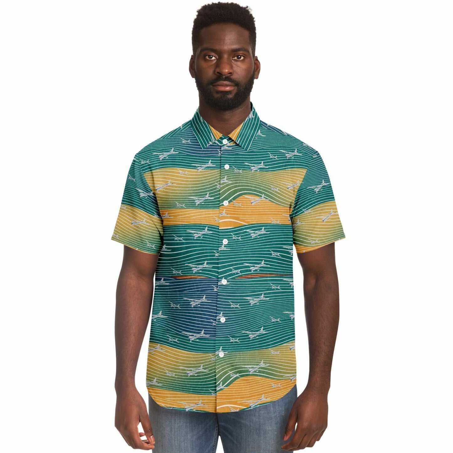 Button-down shirt  CESSNA 172 Skyhawk silver-polished plane Aviation teal abstract line poplin feel- Short-sleeve