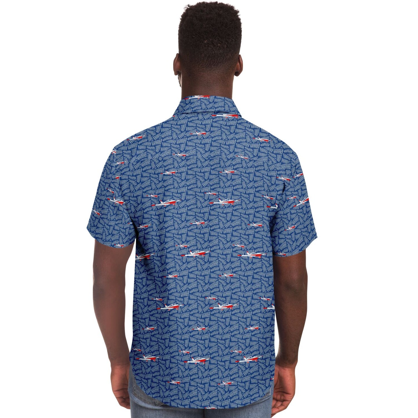 Button-down CHEROKEE aircraft printed Short Sleeve Button Down Shirt - Blue - poplin