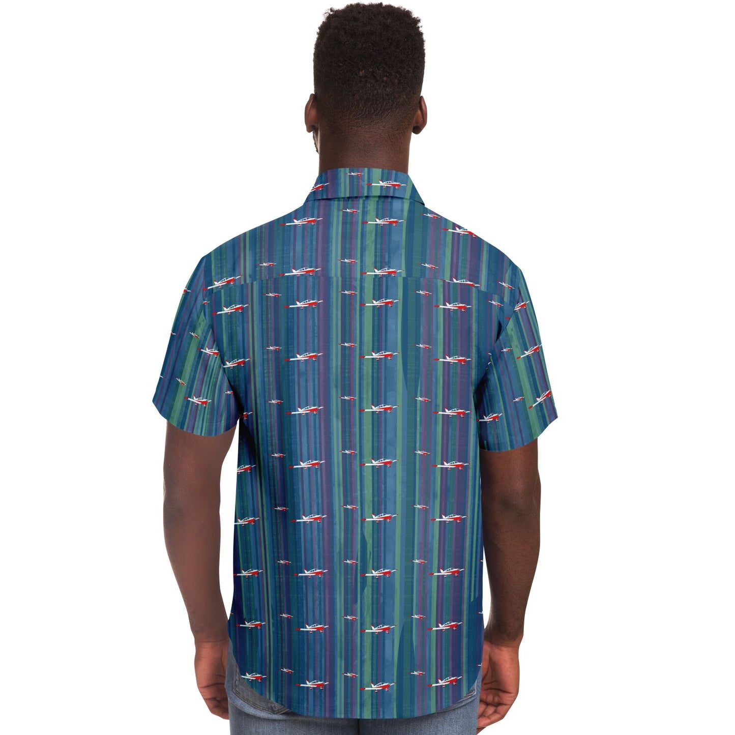 CHEROKEE aircraft Printed Short Sleeve Button Down Shirt - Vintage blue - poplin