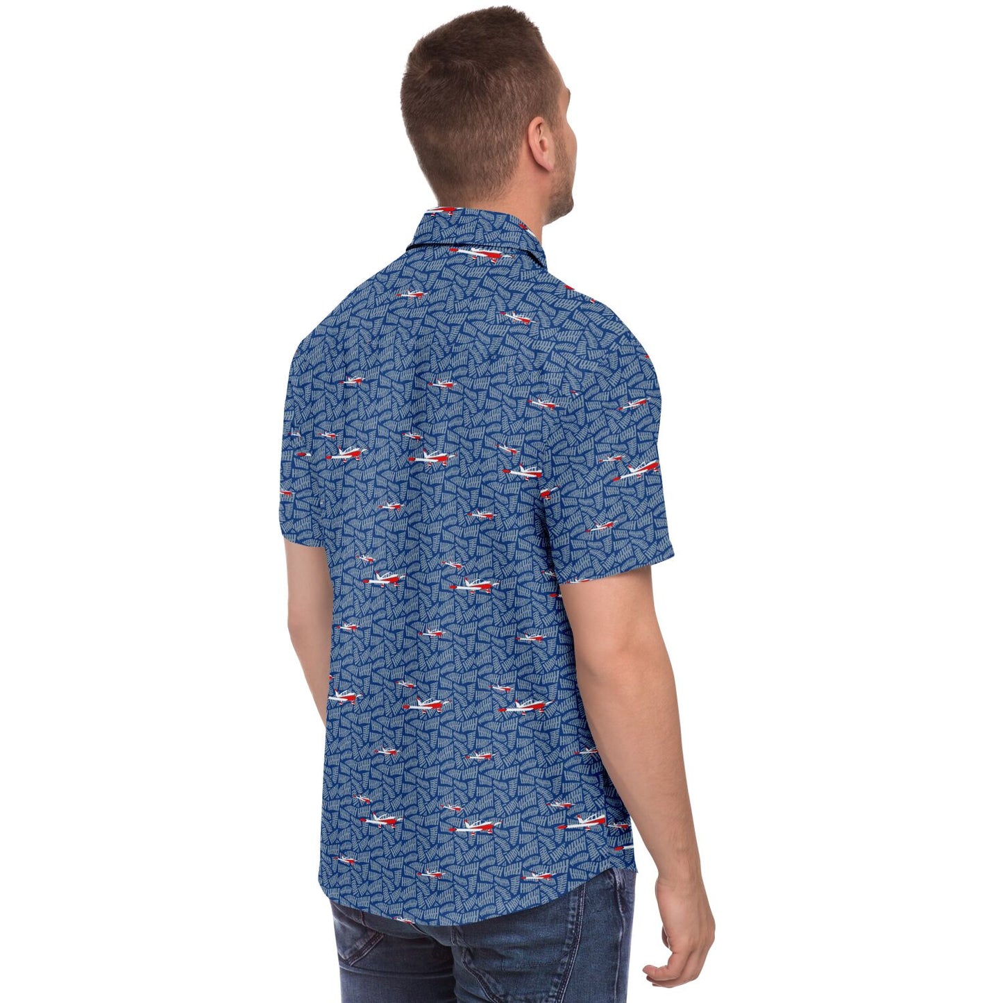 Button-down CHEROKEE aircraft printed Short Sleeve Button Down Shirt - Blue - poplin