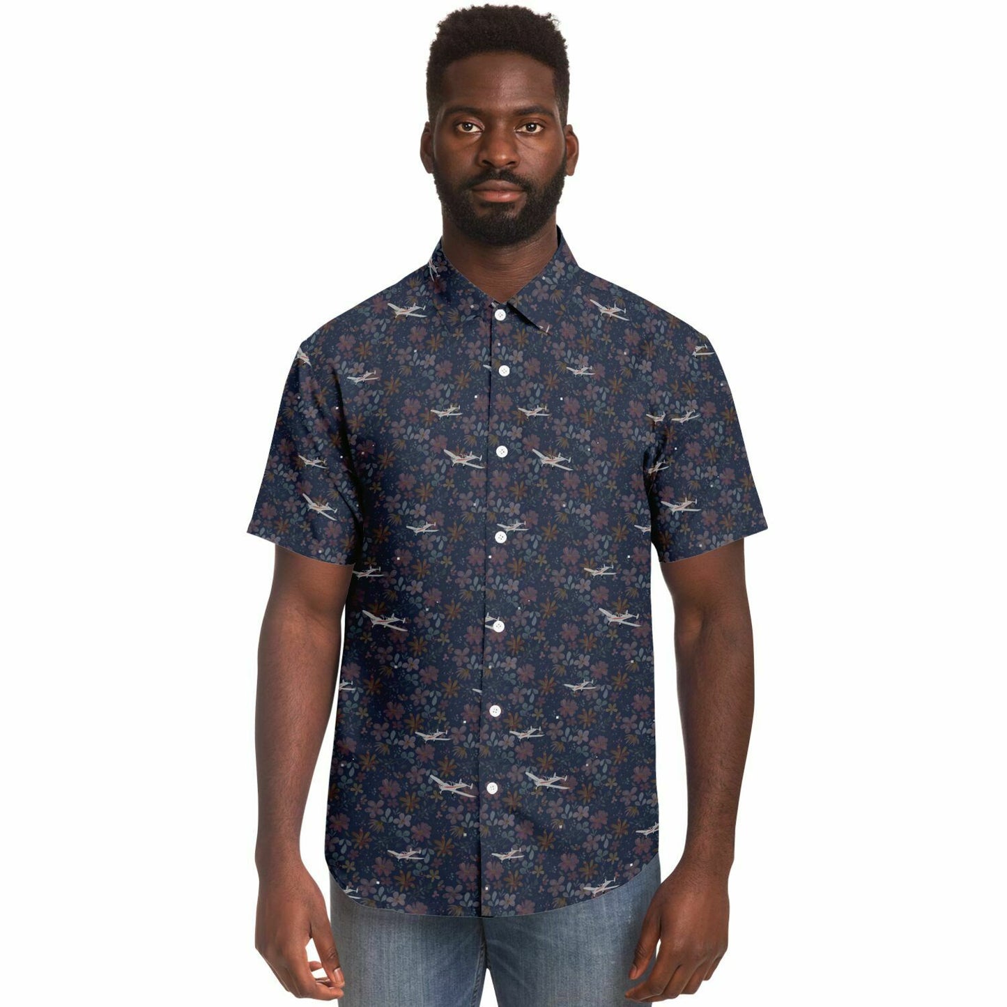 ErCoupe printed Short Sleeve Button Down Shirt - dark floral - poplin