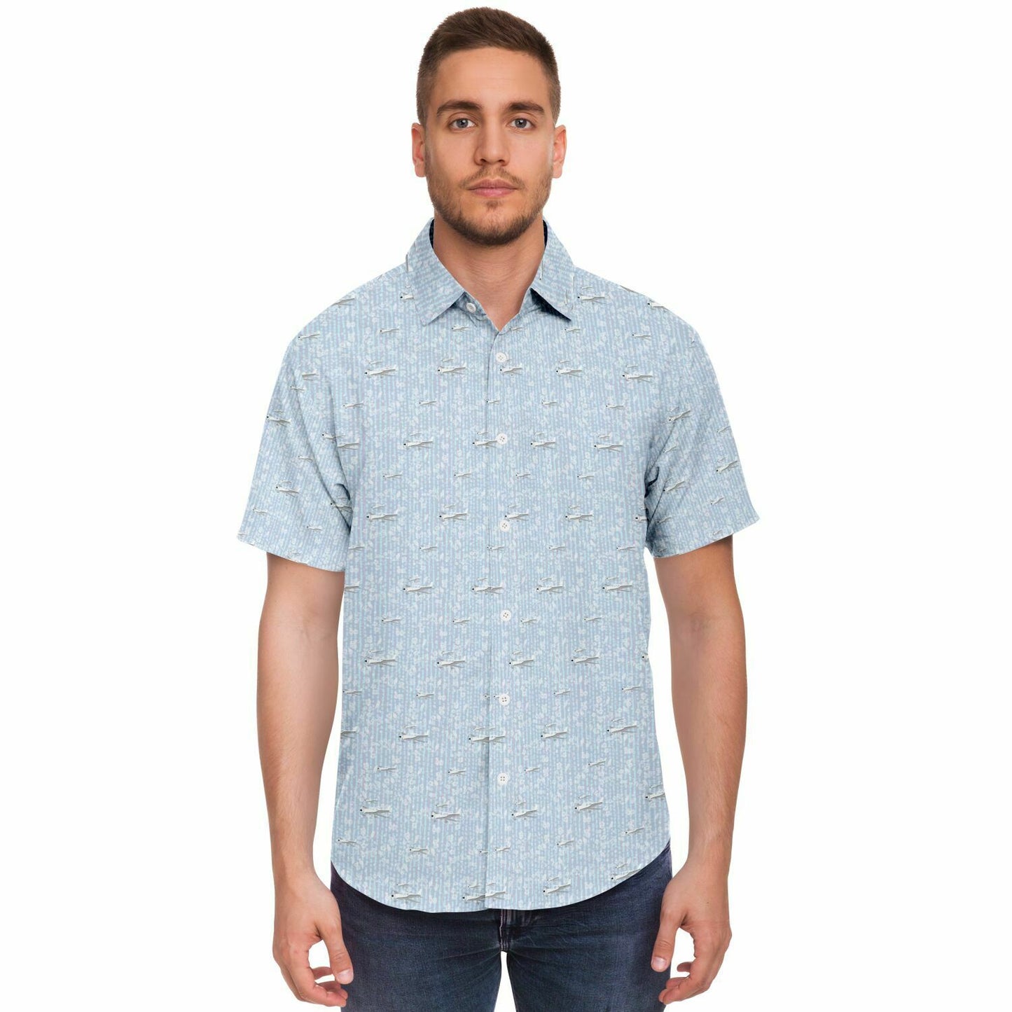 CIRRUS white grey aircraft printed Short Sleeve Button Down Shirt - poplin