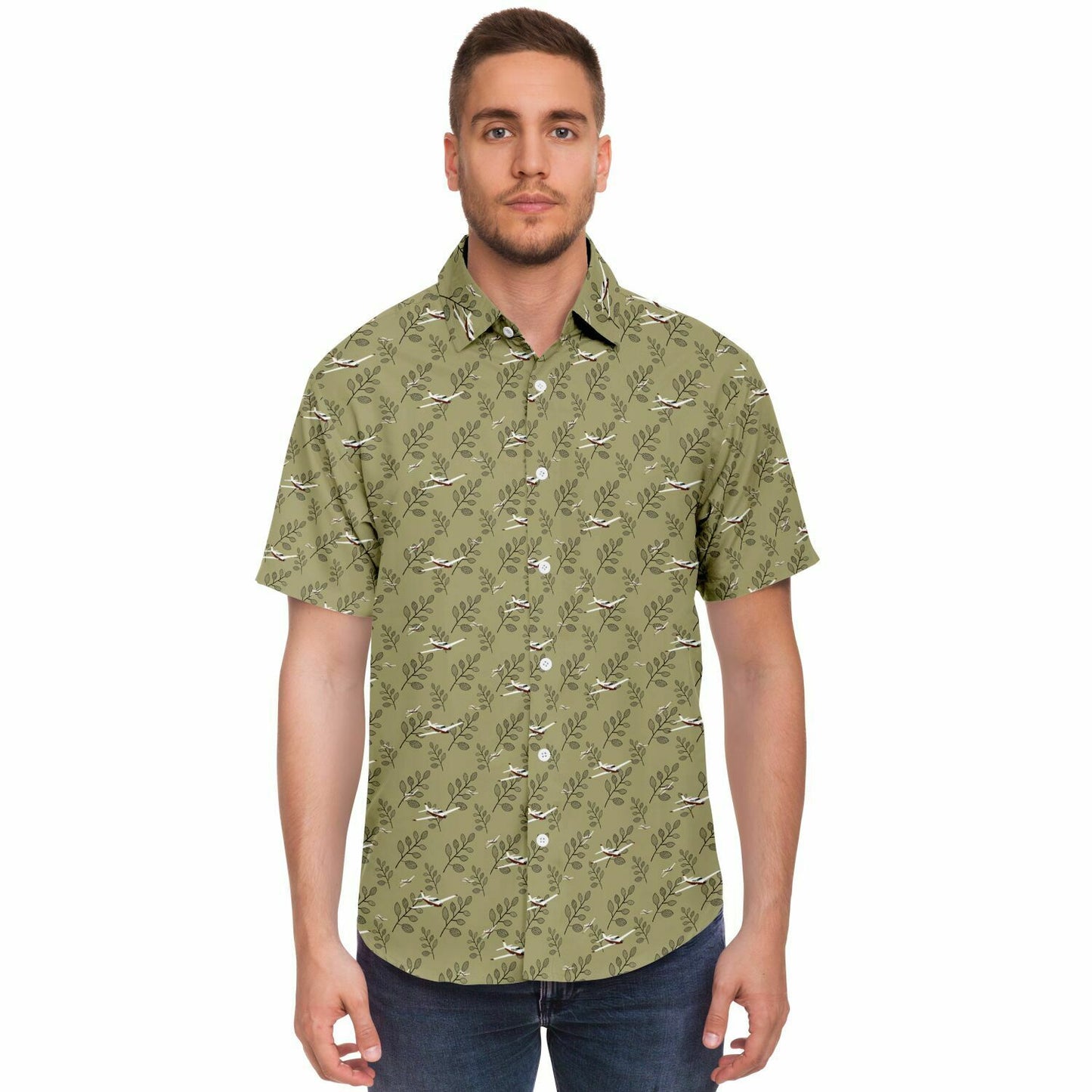 PIPER COMANCHE printed Short Sleeve Button Down Shirt - Olive - poplin