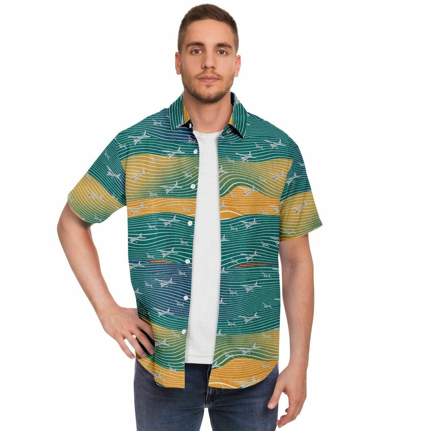 Button-down shirt  CESSNA 172 Skyhawk silver-polished plane Aviation teal abstract line poplin feel- Short-sleeve