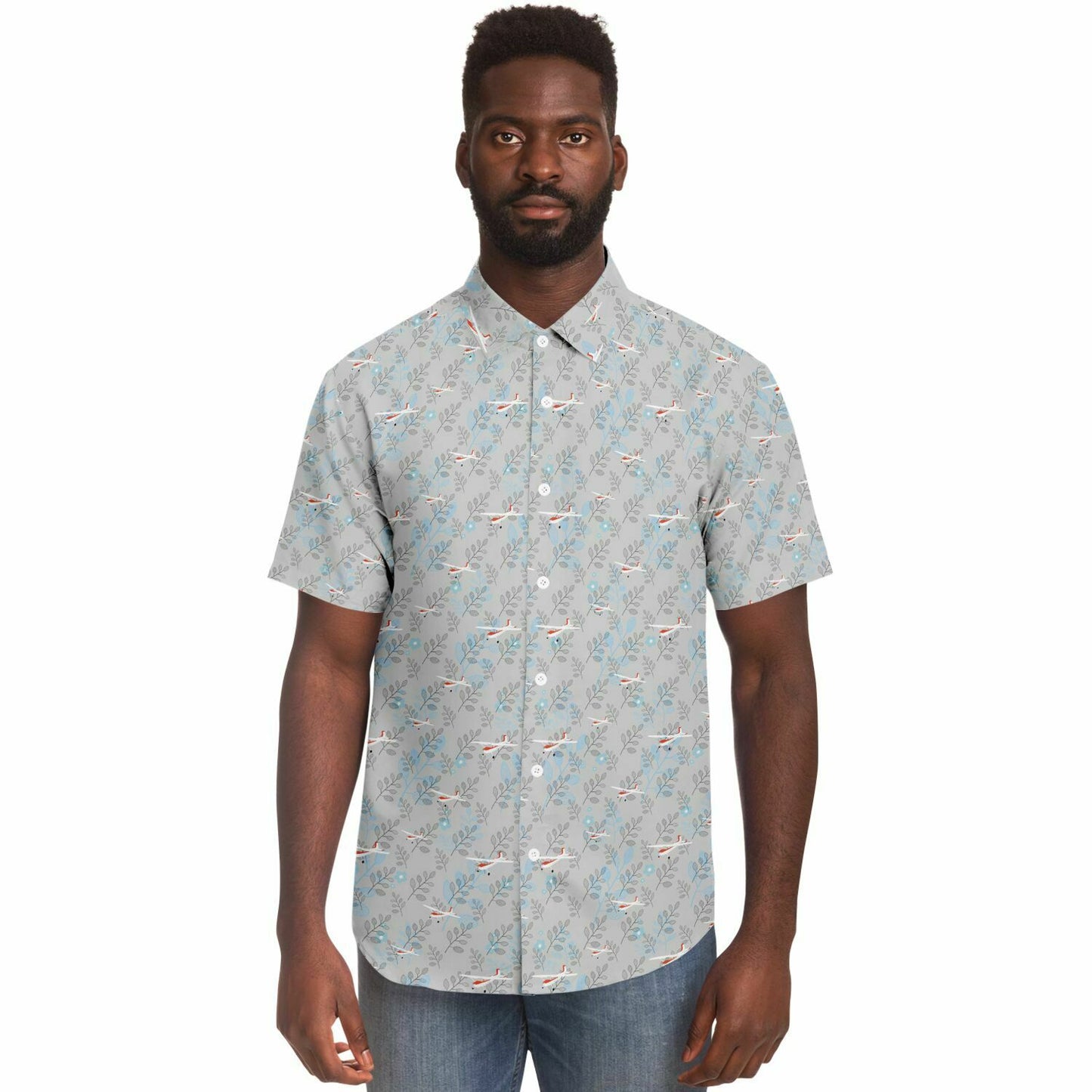 CESSNA 180 Skywagon Printed Short Sleeve Button Down Shirt - Botanical Light grey - poplin