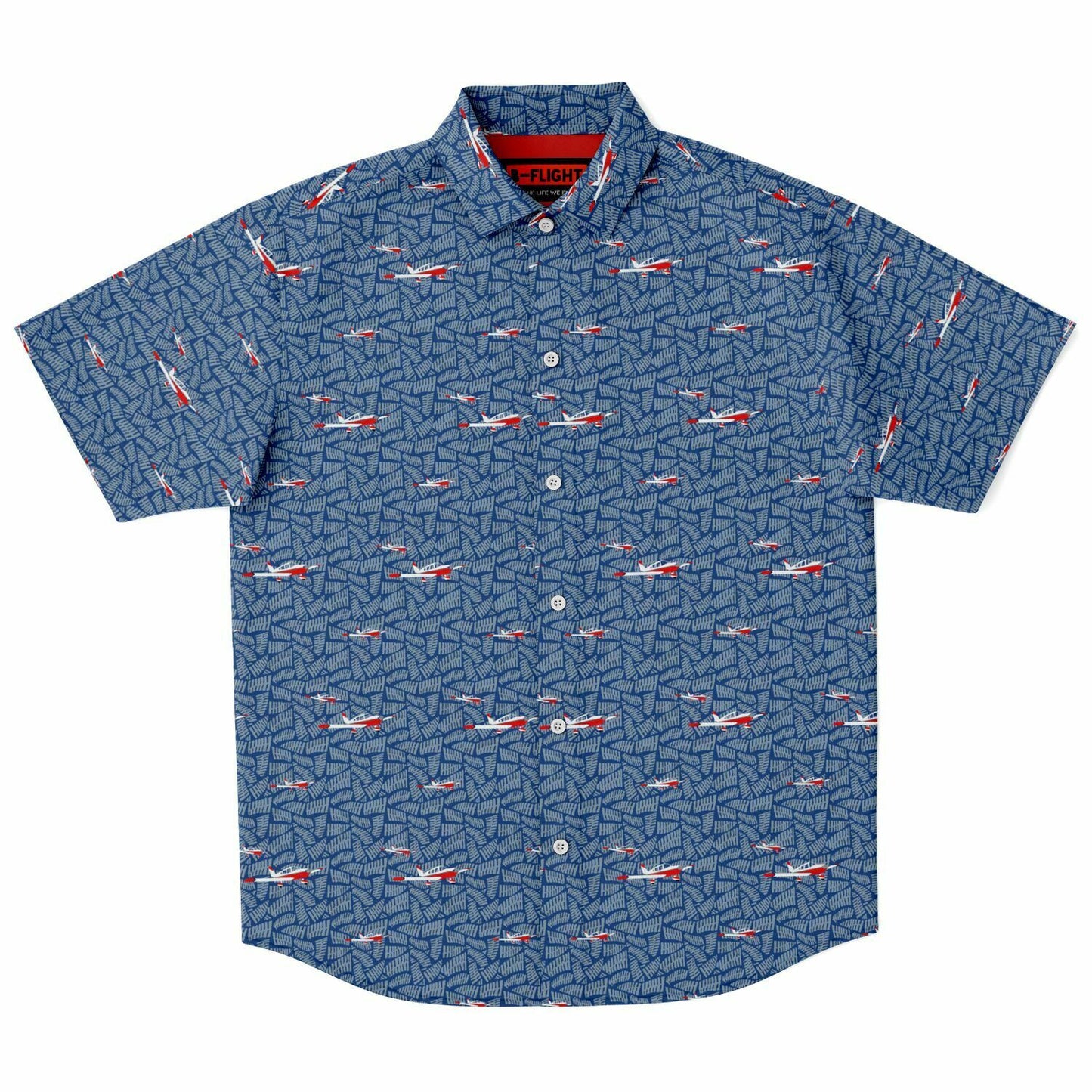 Button-down CHEROKEE aircraft printed Short Sleeve Button Down Shirt - Blue - poplin