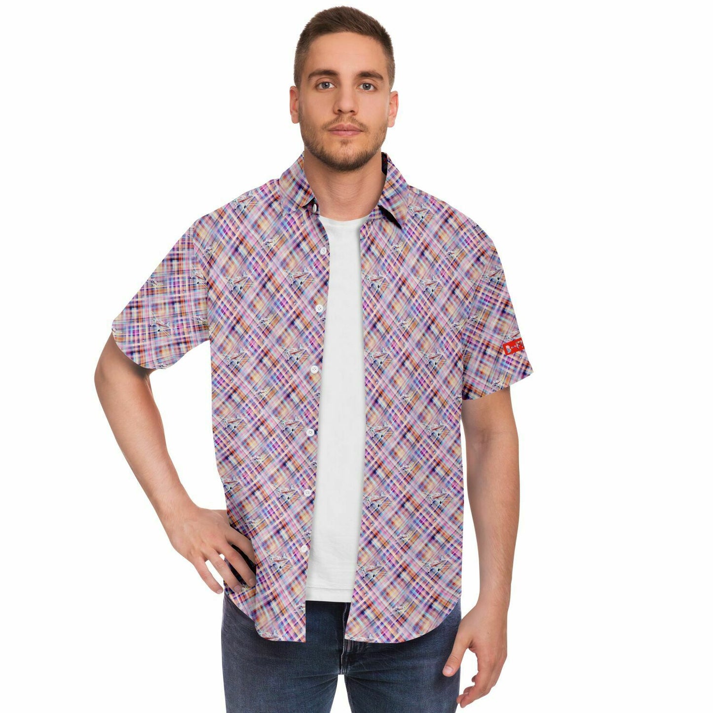 ErCoupe Aviation Summer Plaid - Short-sleeve button-down shirt - Pink plaid - poplin