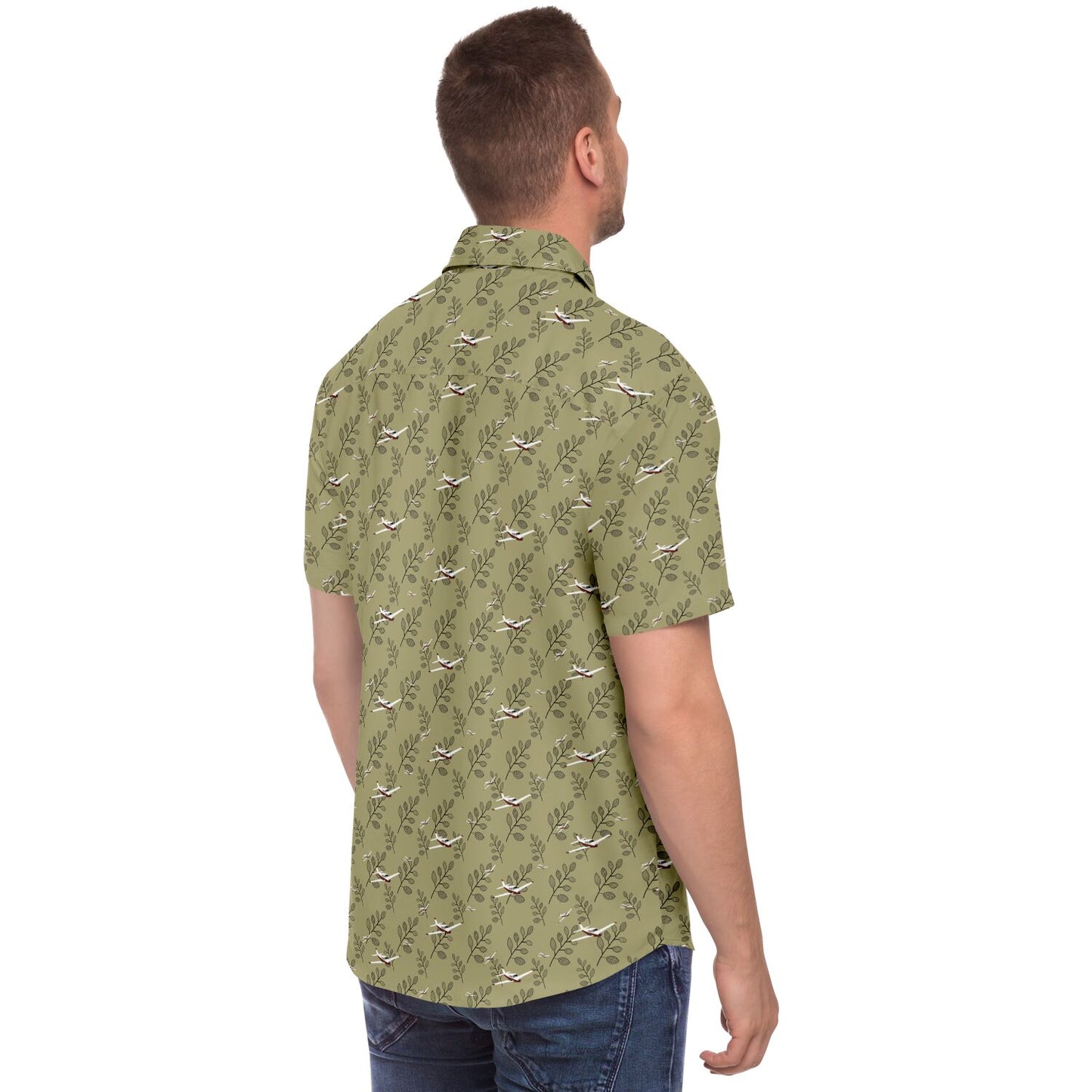 PIPER COMANCHE printed Short Sleeve Button Down Shirt - Olive - poplin