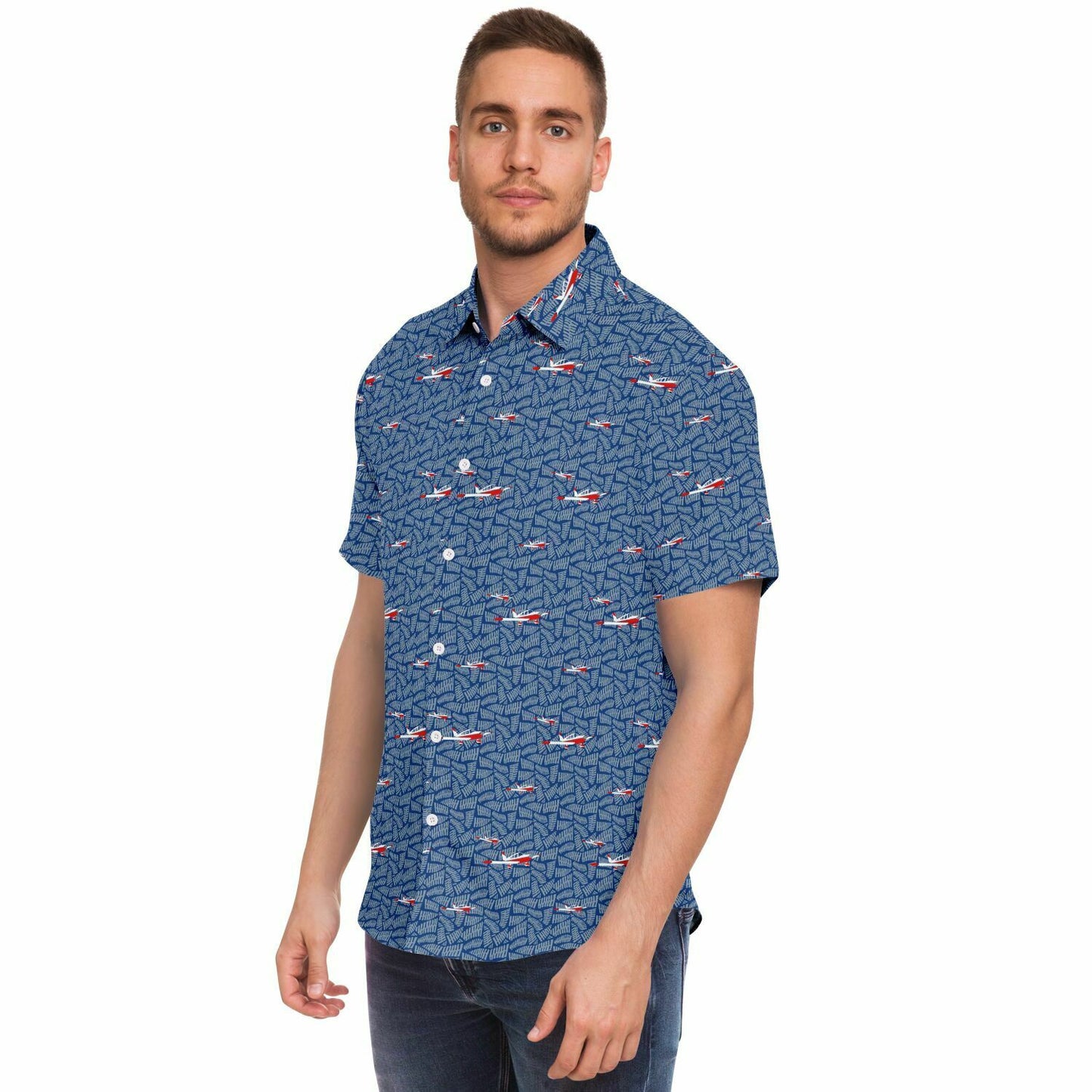 Button-down CHEROKEE aircraft printed Short Sleeve Button Down Shirt - Blue - poplin