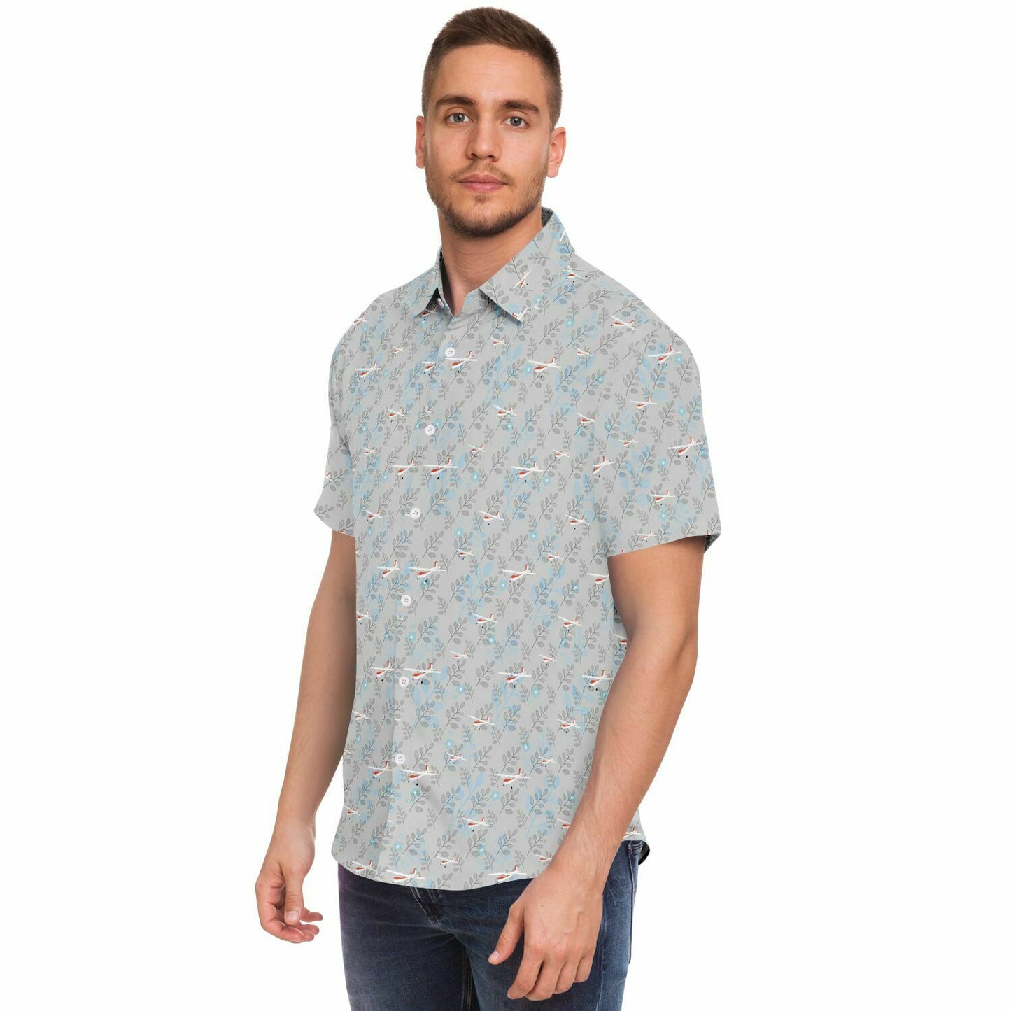 CESSNA 180 Skywagon Printed Short Sleeve Button Down Shirt - Botanical Light grey - poplin