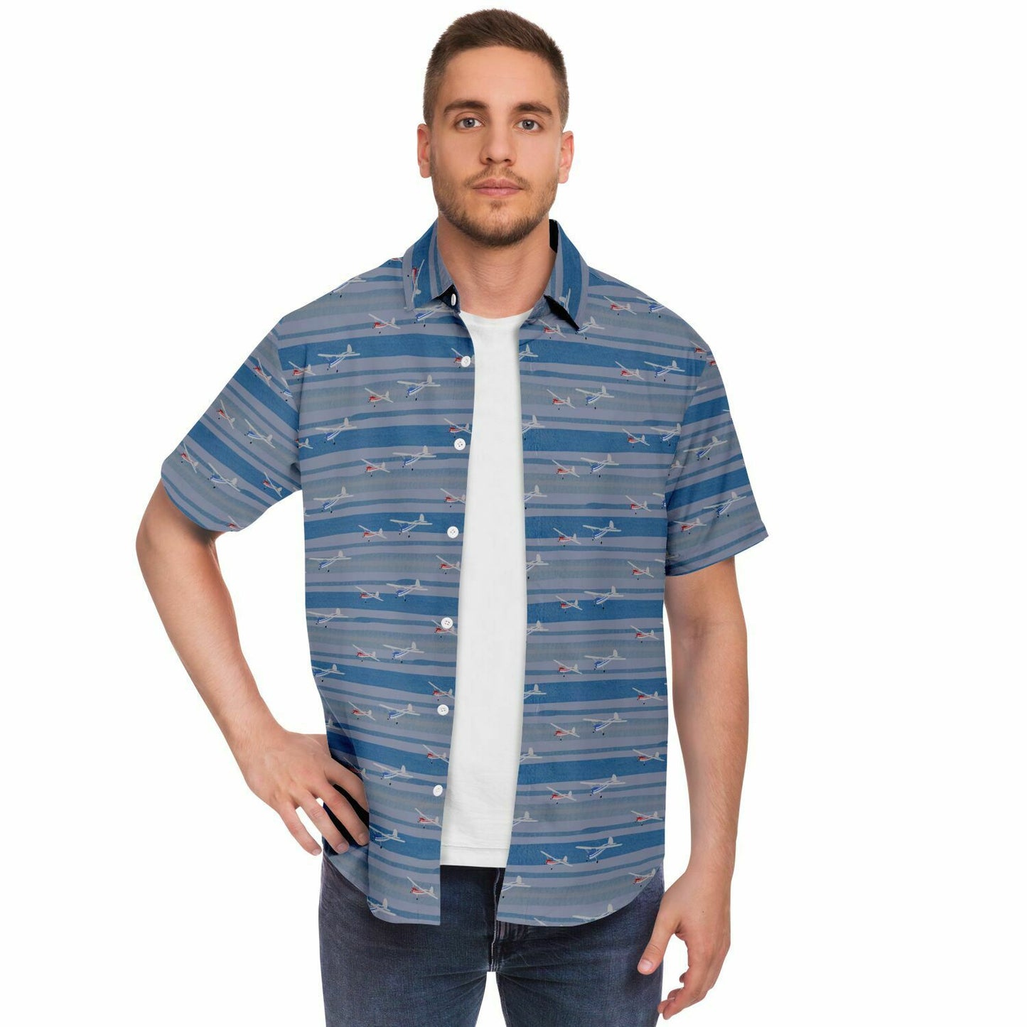 Button-down striped shirt CESSNA 140 red and blue aircrafts - poplin feel- Short-sleeve copy