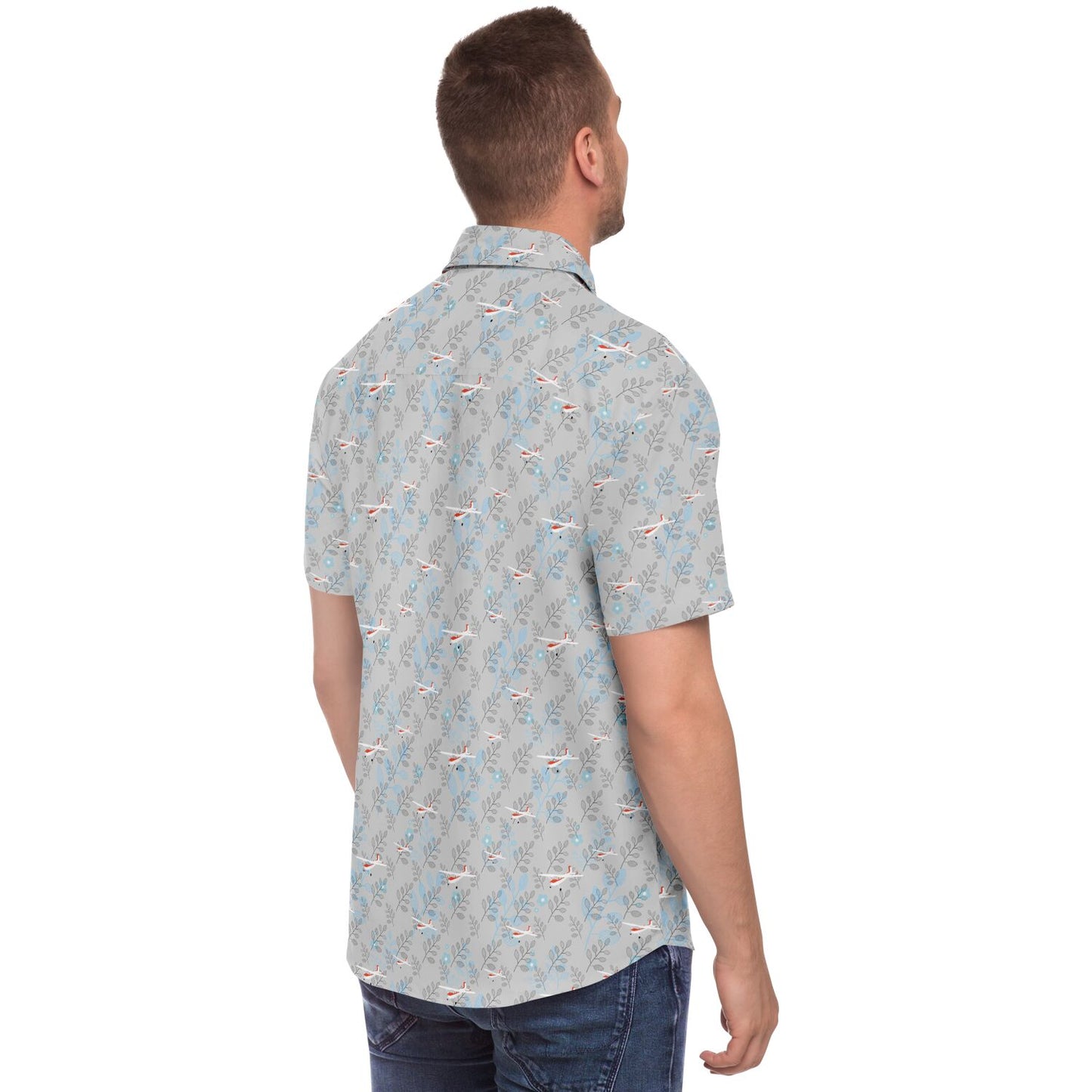 CESSNA 180 Skywagon Printed Short Sleeve Button Down Shirt - Botanical Light grey - poplin