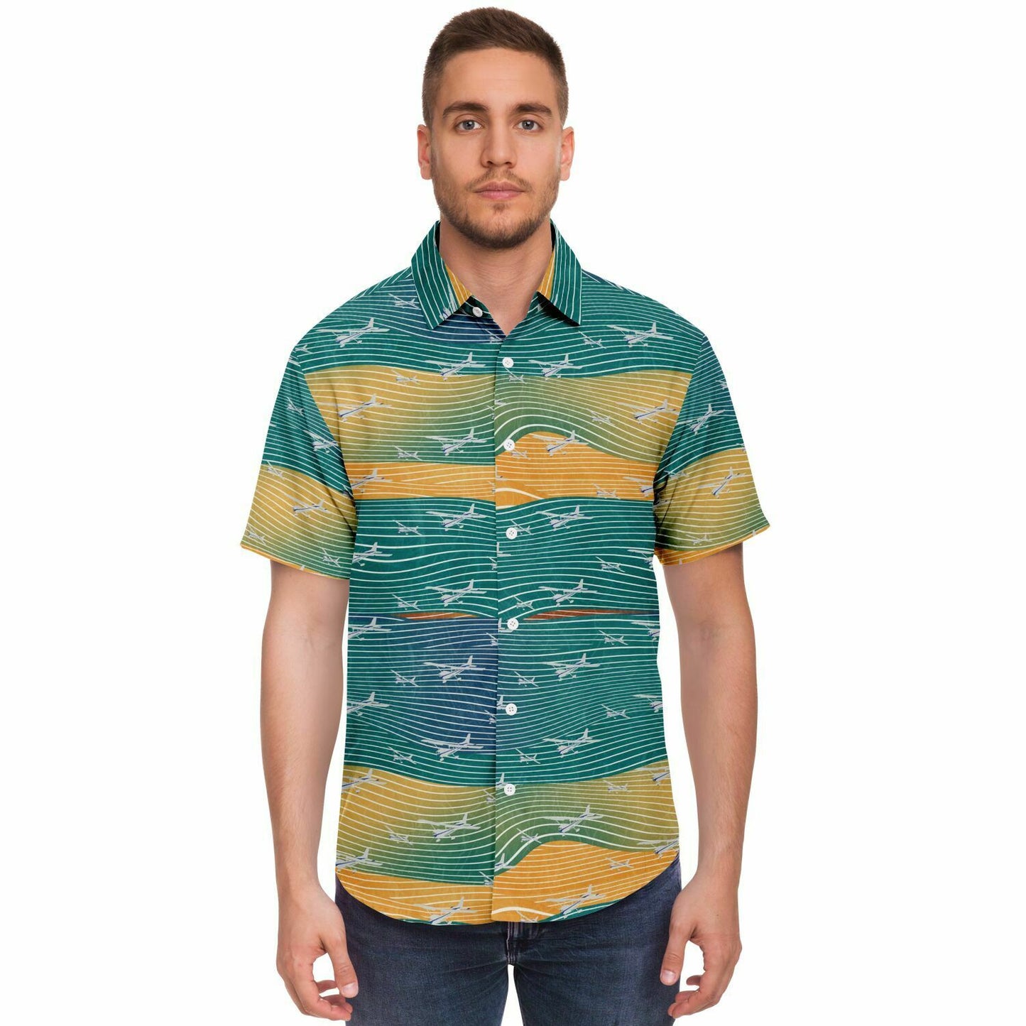 Button-down shirt  CESSNA 172 Skyhawk silver-polished plane Aviation teal abstract line poplin feel- Short-sleeve