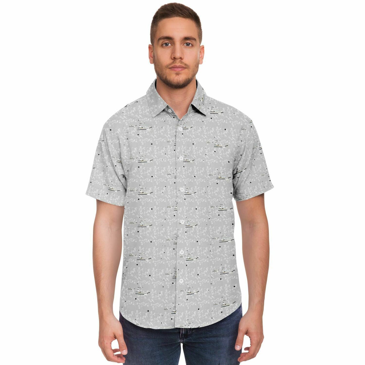 BONANZA F33 Printed Short Sleeve Button Down Shirt - Light grey