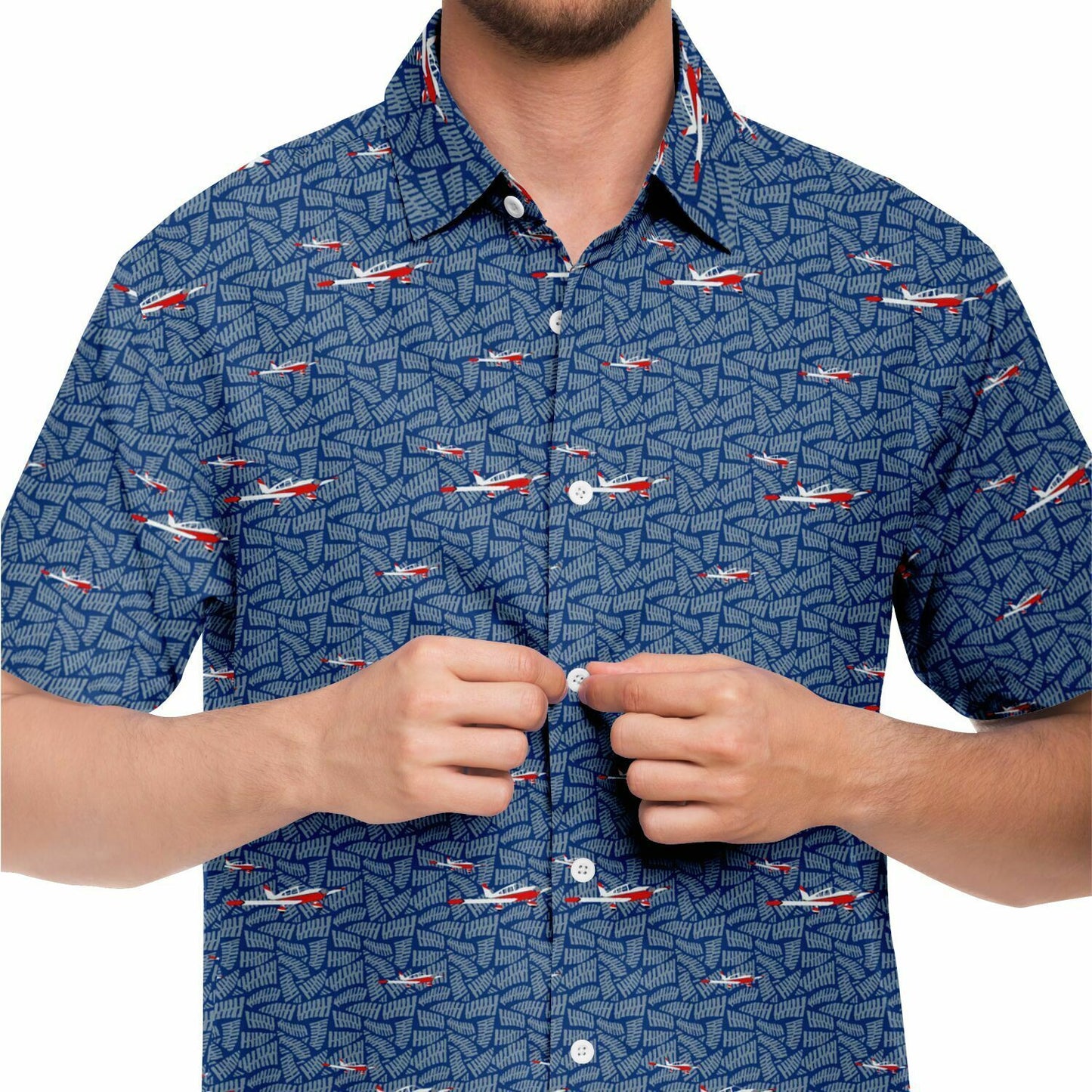 Button-down CHEROKEE aircraft printed Short Sleeve Button Down Shirt - Blue - poplin