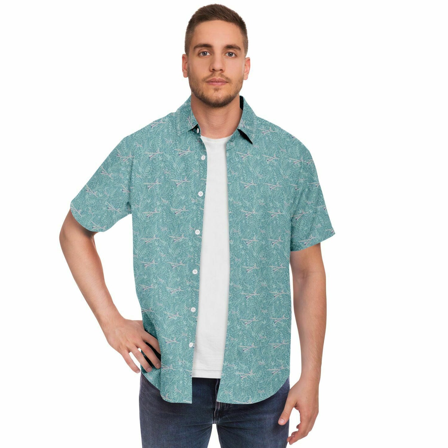 Button-down shirt  CESSNA 172 Skyhawk silver-polished plane Aviation leaf print poplin feel- Short-sleeve