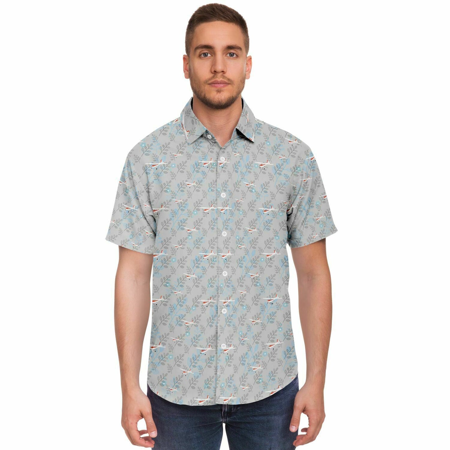 CESSNA 180 Skywagon Printed Short Sleeve Button Down Shirt - Botanical Light grey - poplin