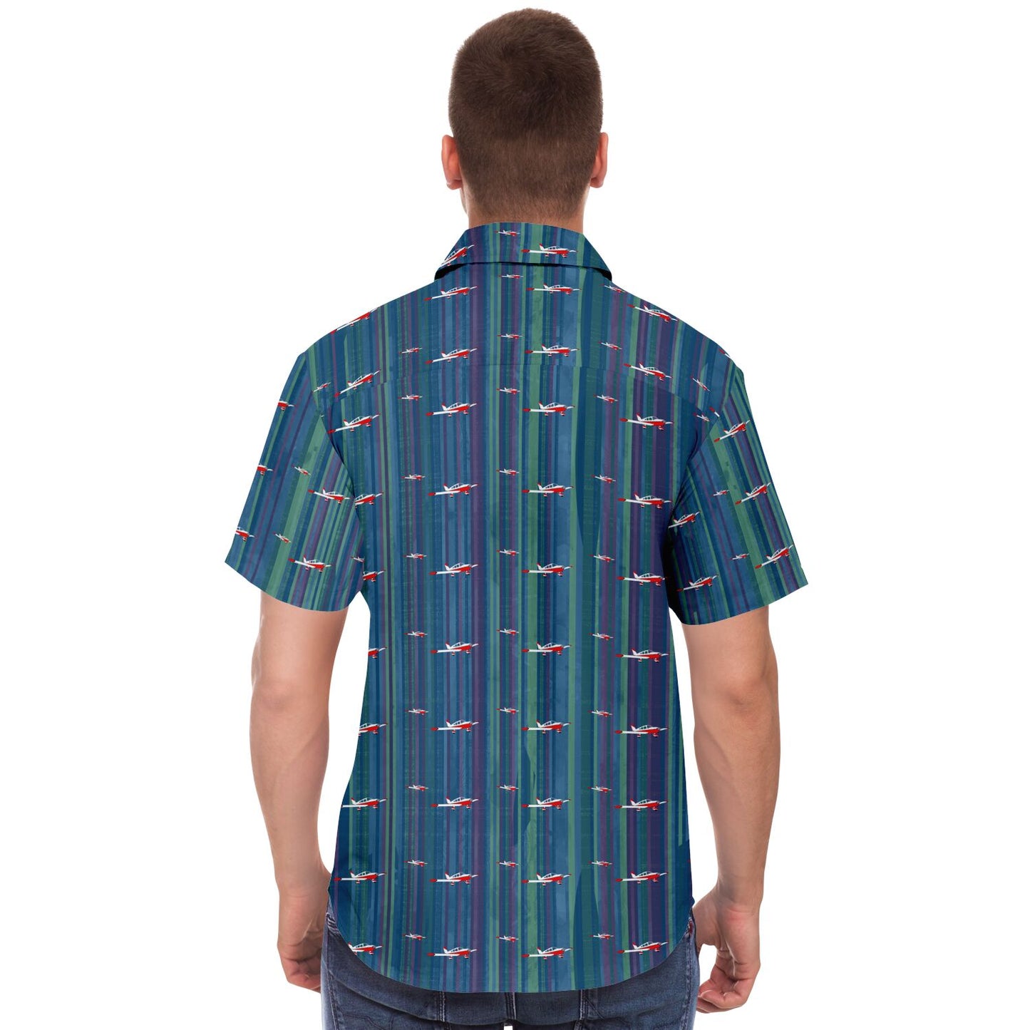 CHEROKEE aircraft Printed Short Sleeve Button Down Shirt - Vintage blue - poplin