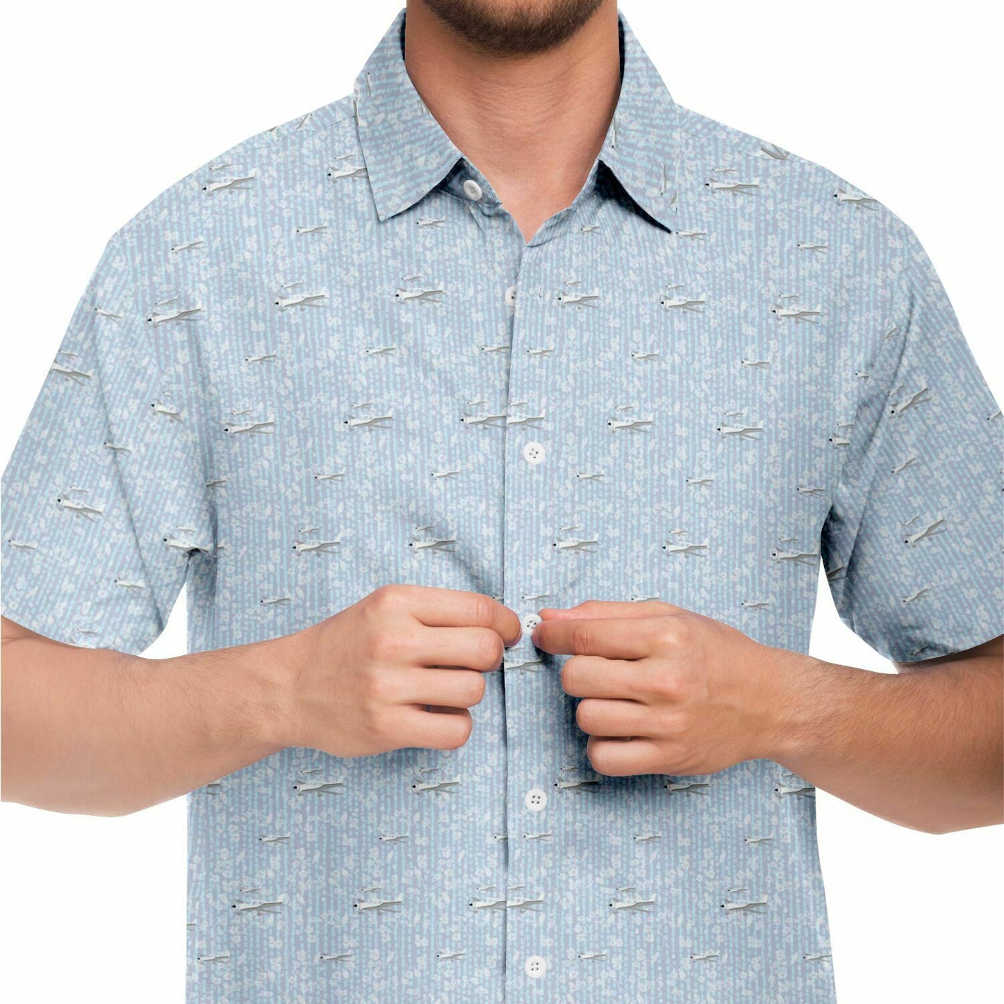 CIRRUS white grey aircraft printed Short Sleeve Button Down Shirt - poplin