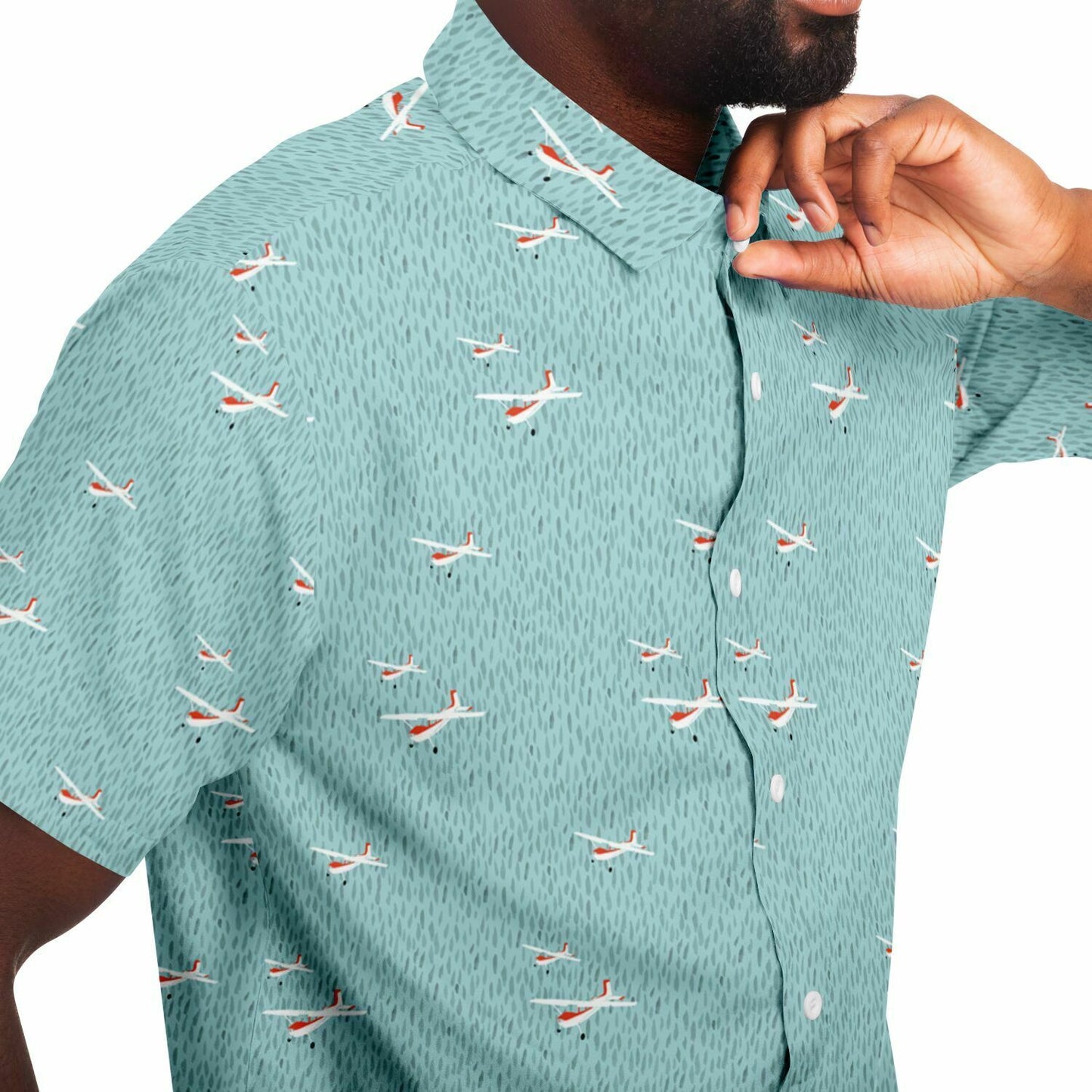 CESSNA 180 Skywagon Printed Short Sleeve Button Down Shirt - Light Turquoise - Poplin