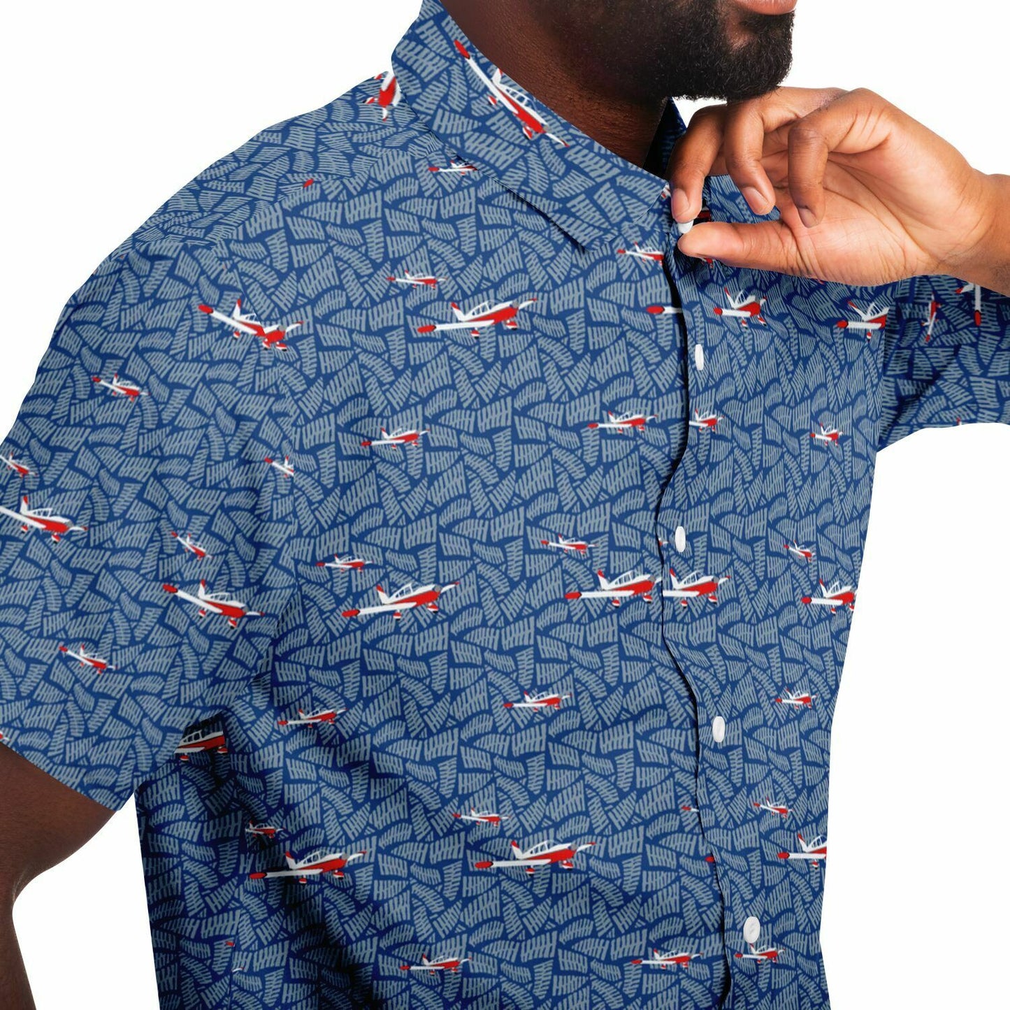 Button-down CHEROKEE aircraft printed Short Sleeve Button Down Shirt - Blue - poplin