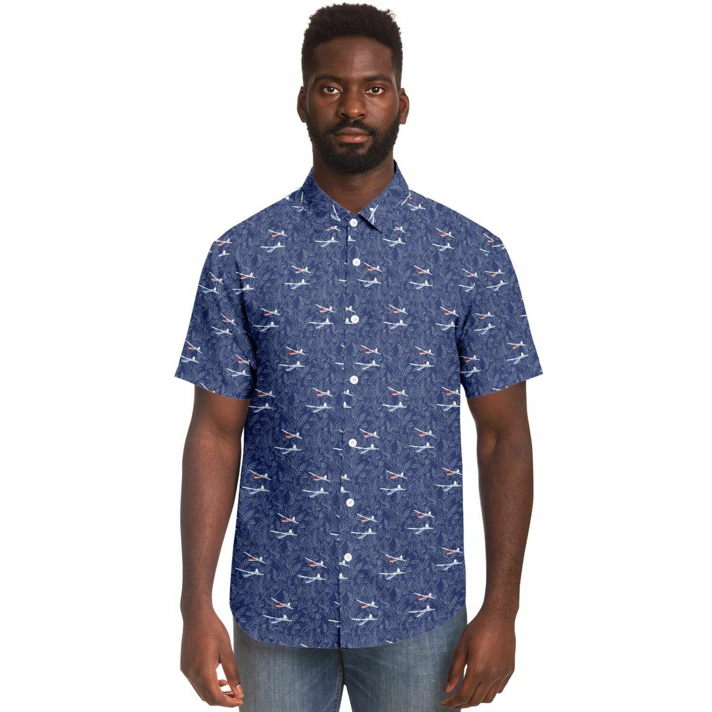 Cessna 170 Printed Short Sleeve Button Down Shirt - navy botanical pattern - poplin