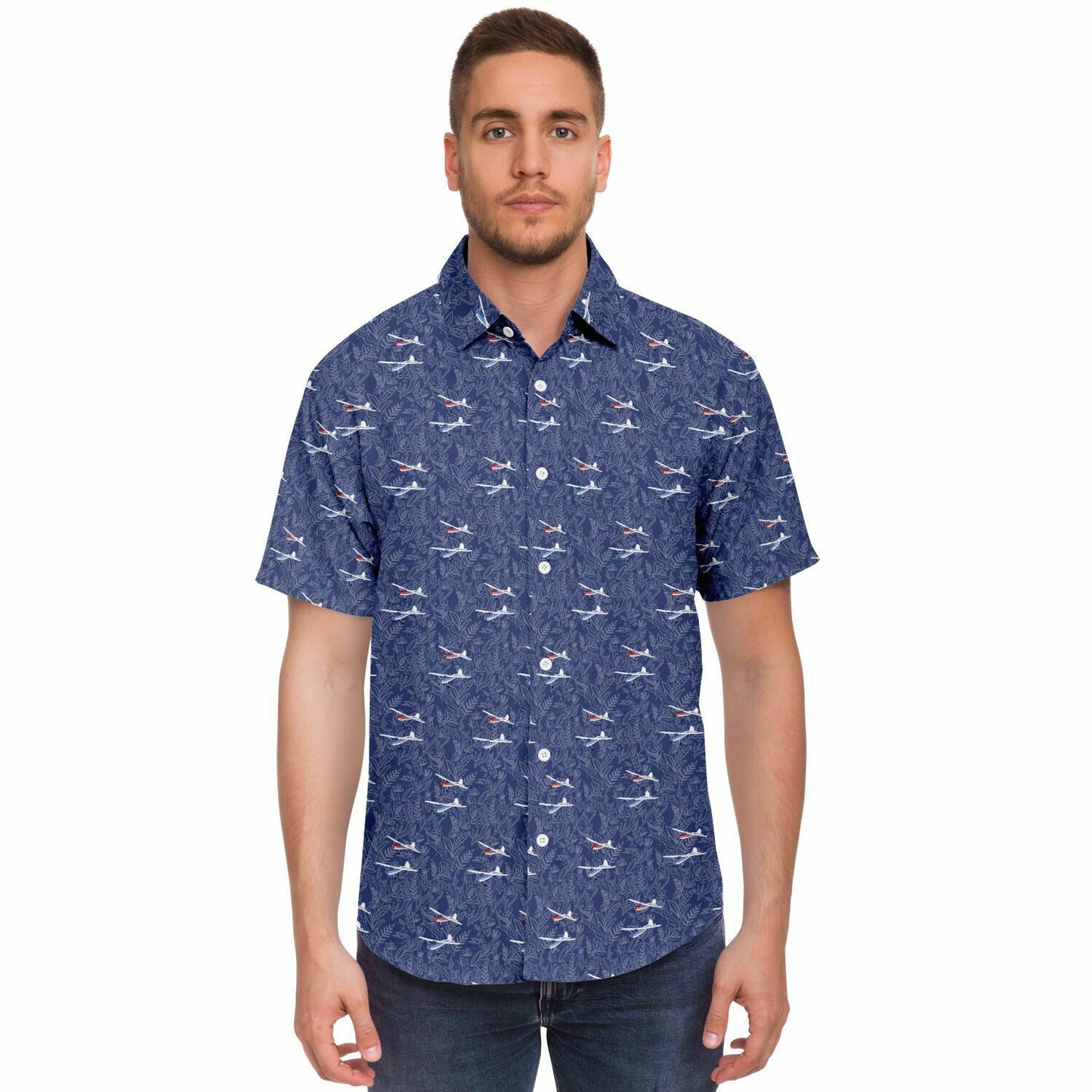 Cessna 170 Printed Short Sleeve Button Down Shirt - navy botanical pattern - poplin