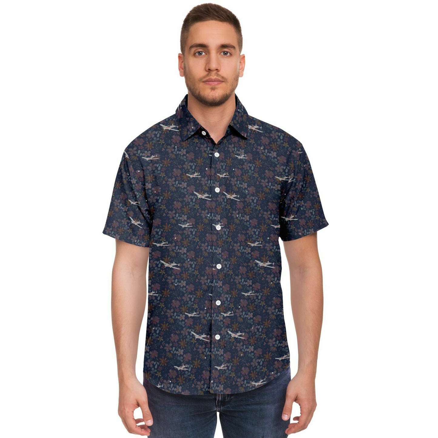 ErCoupe printed Short Sleeve Button Down Shirt - dark floral - poplin