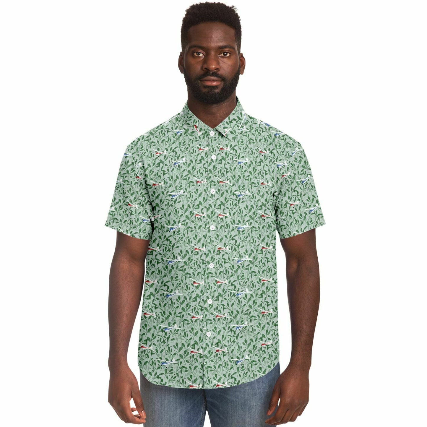 CESSNA 170 Printed Short Sleeve Button Down Shirt - Green leaf - poplin