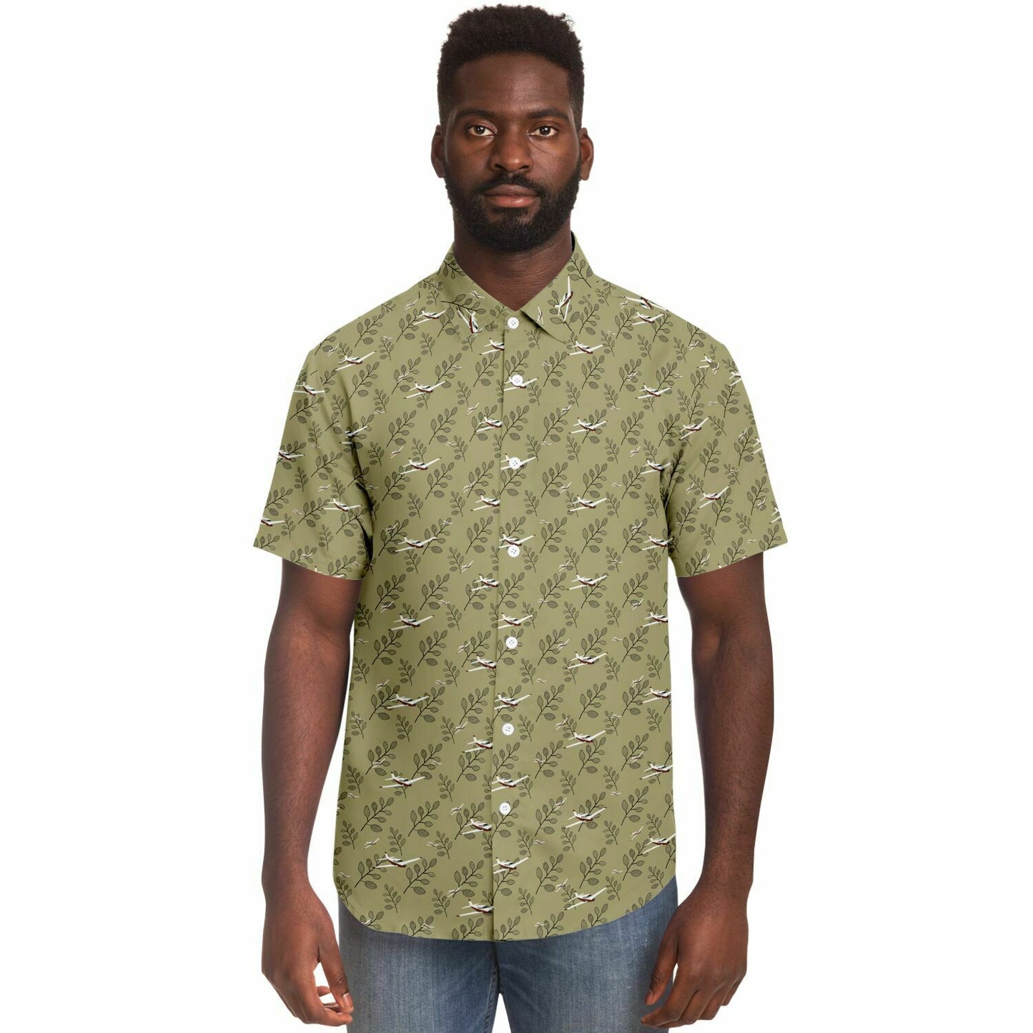 PIPER COMANCHE printed Short Sleeve Button Down Shirt - Olive - poplin