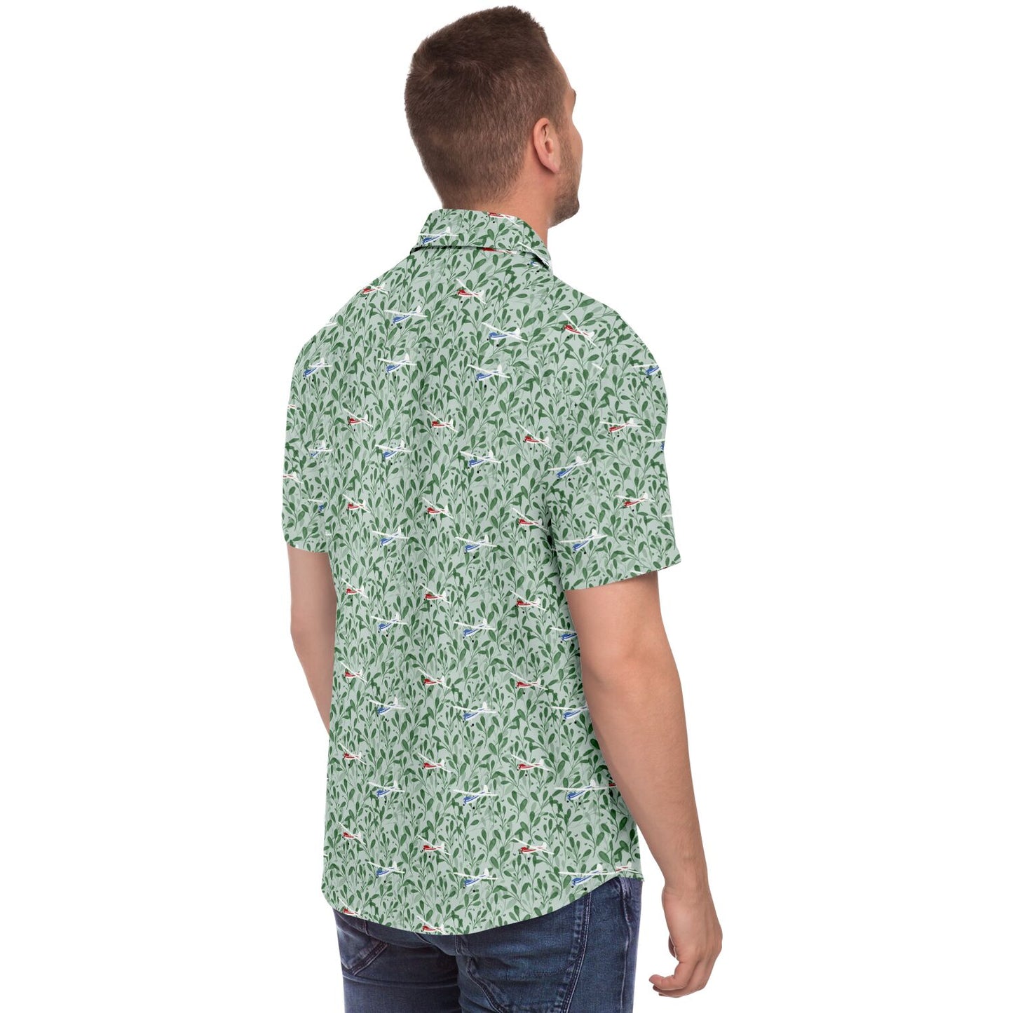 CESSNA 170 Printed Short Sleeve Button Down Shirt - Green leaf - poplin