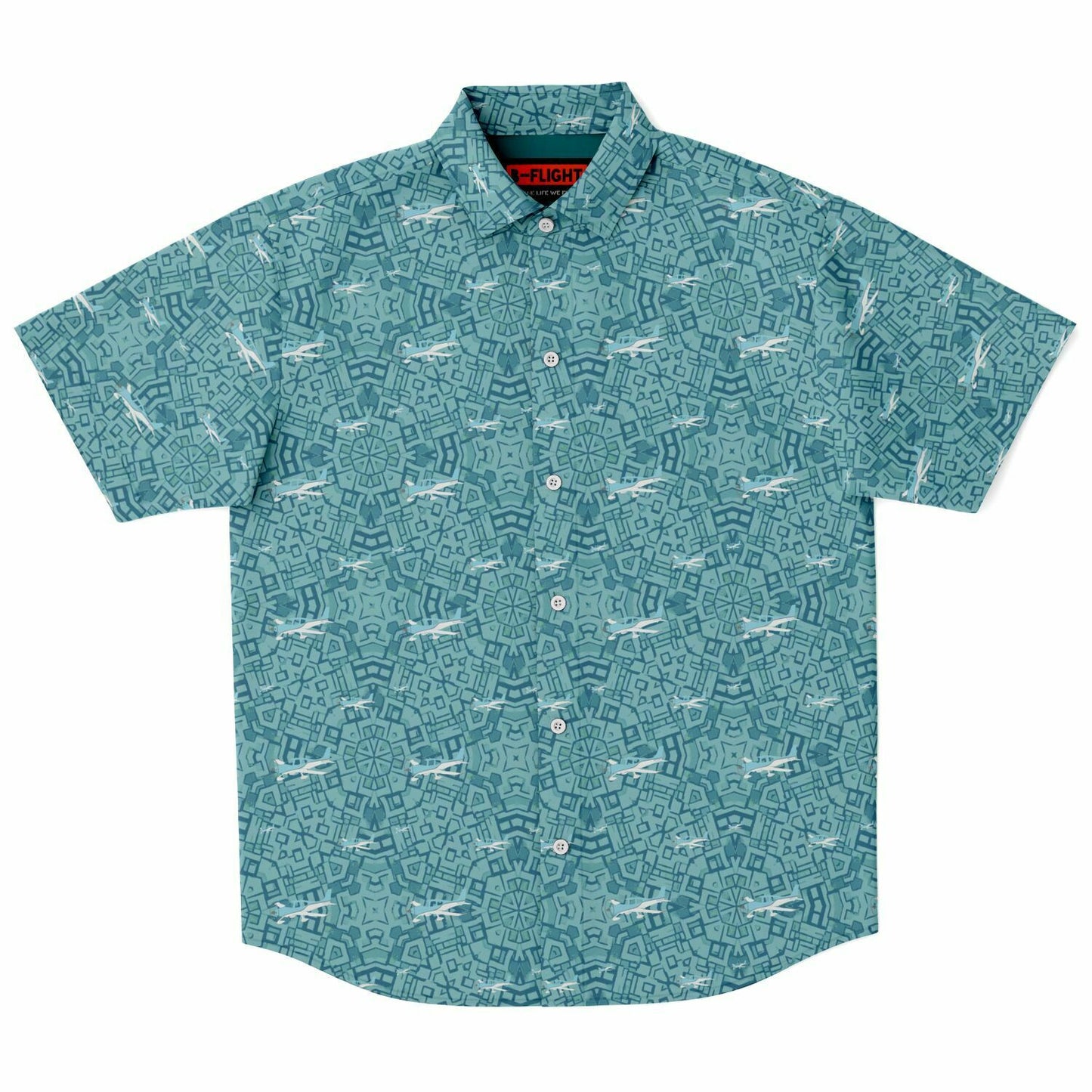 Button-down abstract printed CIRRUS white-blue aircraft - poplin feel- Short-sleeve