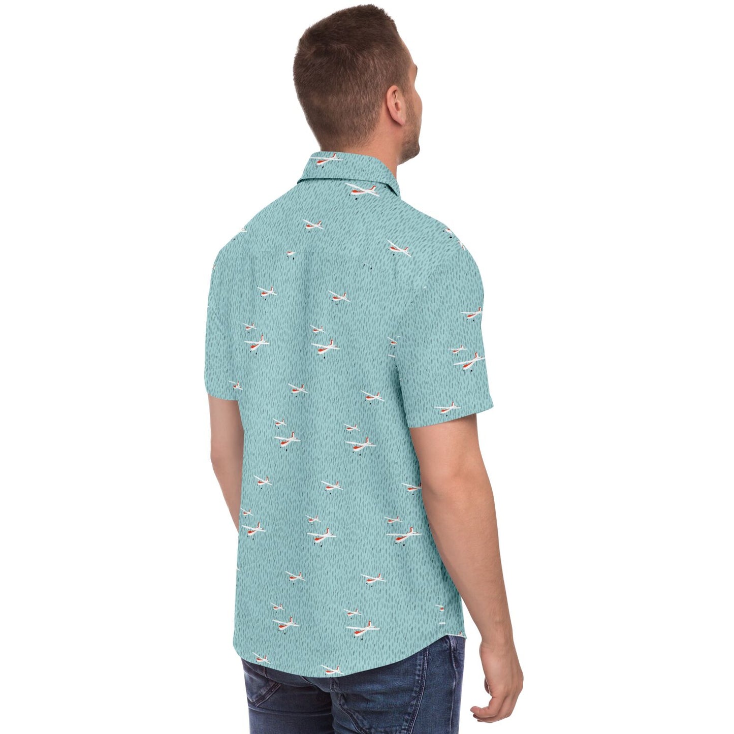 CESSNA 180 Skywagon Printed Short Sleeve Button Down Shirt - Light Turquoise - Poplin