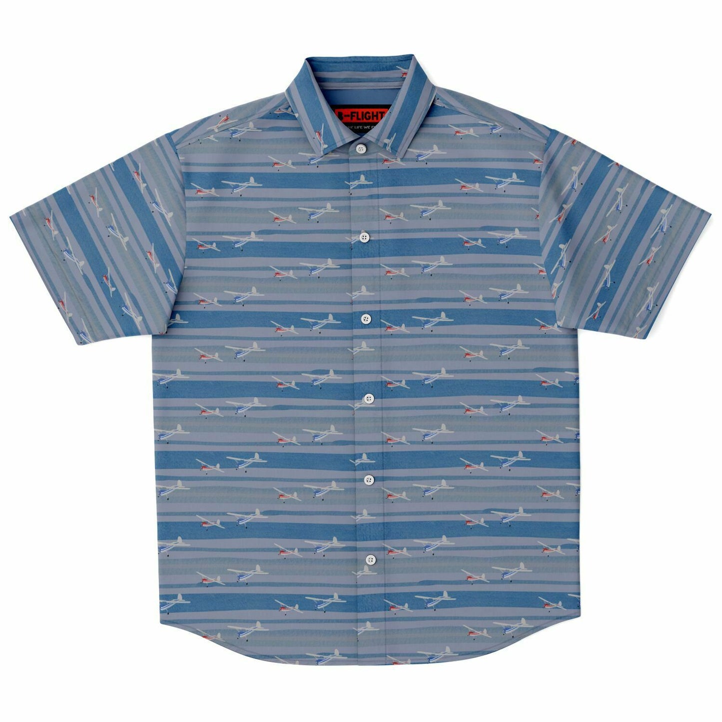 Button-down striped shirt CESSNA 140 red and blue aircrafts - poplin feel- Short-sleeve copy