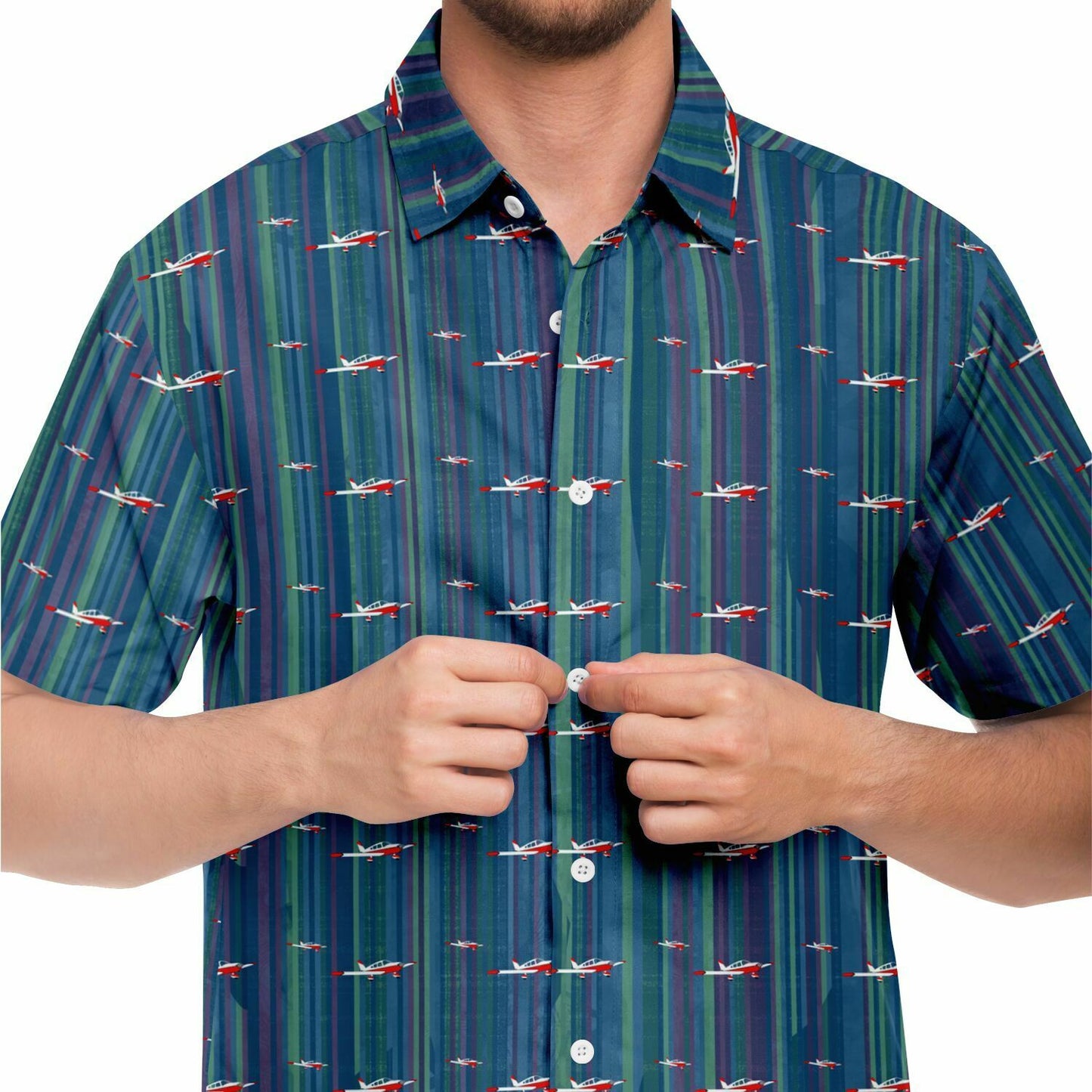 CHEROKEE aircraft Printed Short Sleeve Button Down Shirt - Vintage blue - poplin