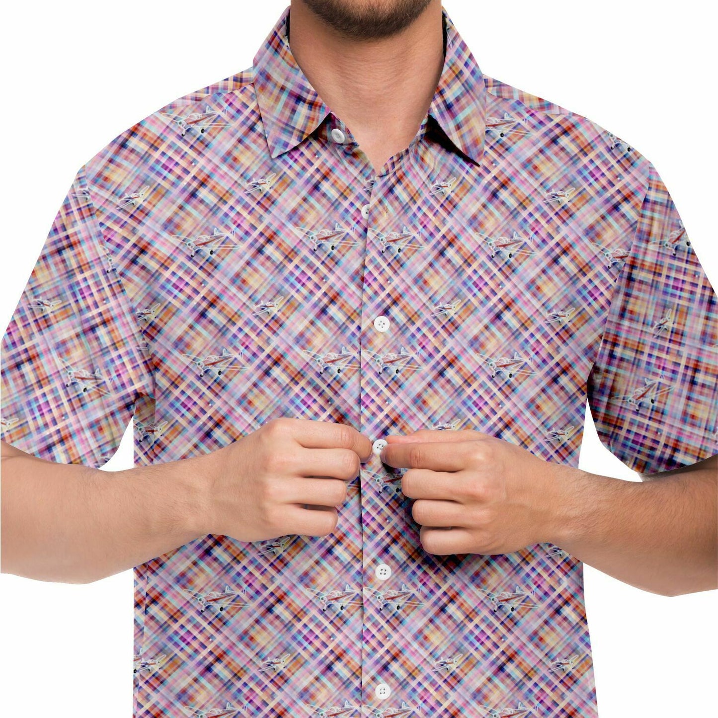 ErCoupe Aviation Summer Plaid - Short-sleeve button-down shirt - Pink plaid - poplin